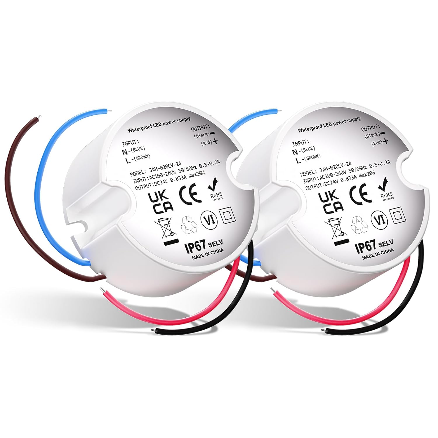 24V LED Power Supply IP67, LED Driver 20W 0.833A, Waterproof Compact 24v Transformer for Kitchen Under Cabinet Light Strips, 1 Pack