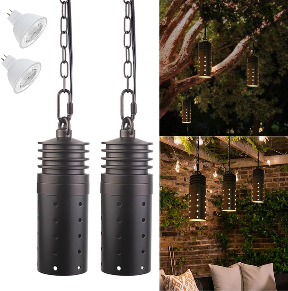 Low Voltage Landscape Hanging Lights, 12V Outdoor Pendant Lights Cylindrical, Free 3W 300lm MR16 LED Bulb Warm White (2-Count)