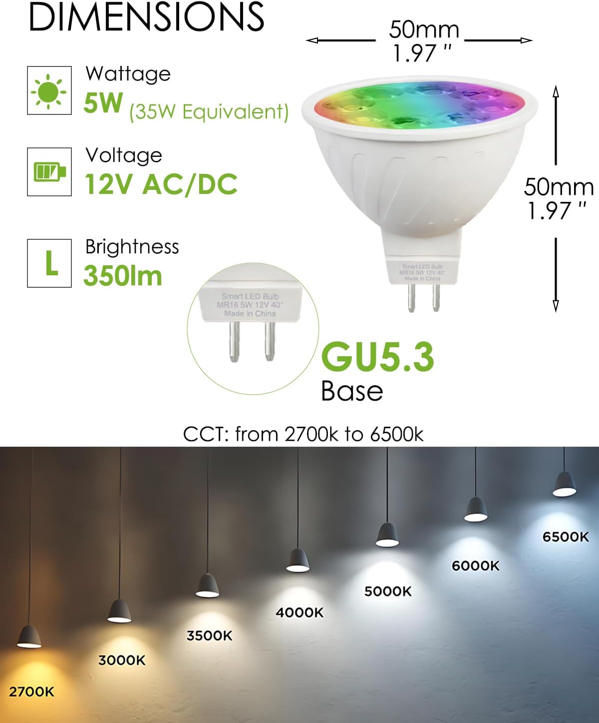 MR16 LED Bulb Color Changing MR16 Smart LED Bulb Wifi Color Changing Light Outdoor Compatible With Alexa Google Assistant, 16 Million Colors Rgbcw, 2.4Ghz Wifi & Bluetooth, Music Sync,4-Pack