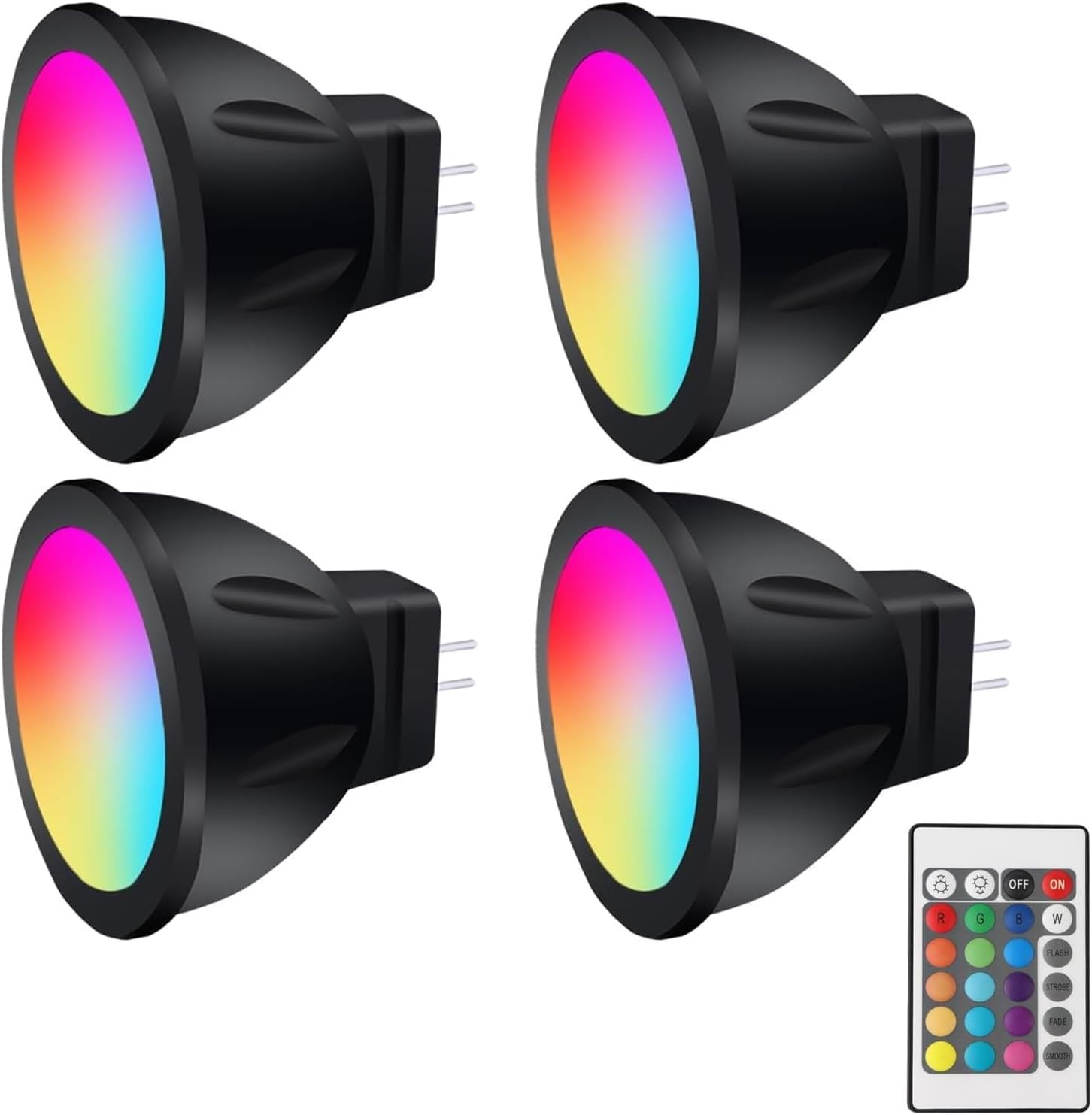 MR11 Color Changing LED Bulbs GU4 RGB MR11 LED Bulb 12V 3W Bi-Pin Base Lights Warm White+ 15 RGB Colors for Landscape Lighting Home Decoration (4 Bulbs, 1 Remote)