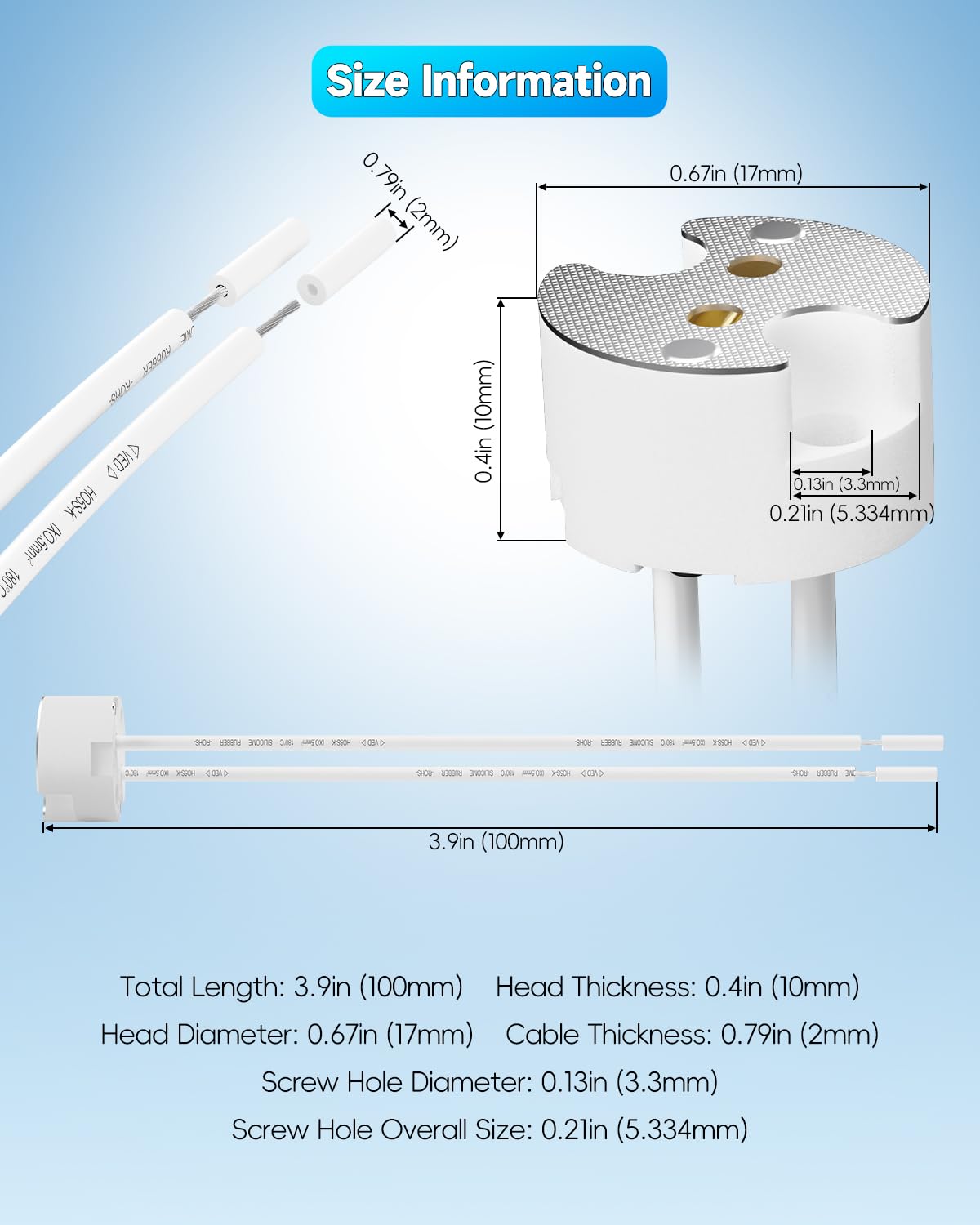 Ceramic Bi-Pin Socket Adapter, Compatible with G4 GU5.3 G6.35 GY6.35 GX5.3 GZ4, MR16, MR11, and MR8 Light Bulbs - Pack of 12, 3.9" Cable