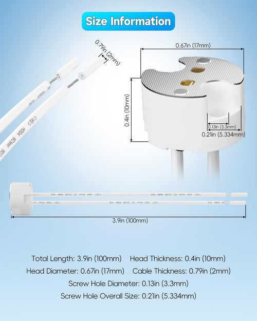 Ceramic Bi-Pin Socket Adapter, Compatible with G4 GU5.3 G6.35 GY6.35 GX5.3 GZ4, MR16, MR11, and MR8 Light Bulbs - Pack of 12, 3.9" Cable