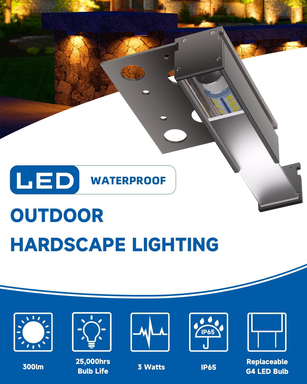 4-Inch Retaining Wall Lights Hardscape Lighting 12V Outdoor Step Lights with Replaceable G4 LED Bulb Warm White 3W 300lm IP65 Waterproof Die-Cast Aluminum Housing 2-Pack