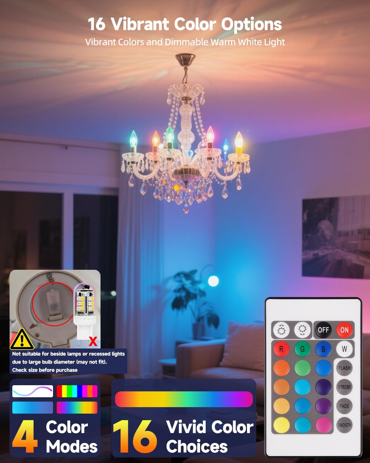 G9 LED Bulb Color Changing Remote Controlled, G9 RGB Light Bulbs LED Not Smart, 3W 100-240V 2700K Warm White+15 Multi Color for Indoor, Party & Home Decor (4 Bulbs and 1 Remote)