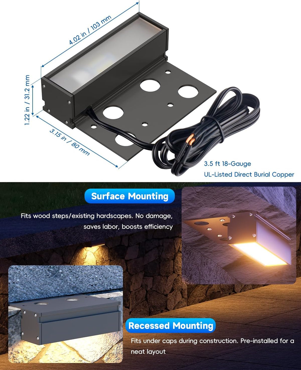 4-Inch Retaining Wall Lights Hardscape Lighting 12V Outdoor Step Lights with Replaceable G4 LED Bulb Warm White 3W 300lm IP65 Waterproof Die-Cast Aluminum Housing 2-Pack