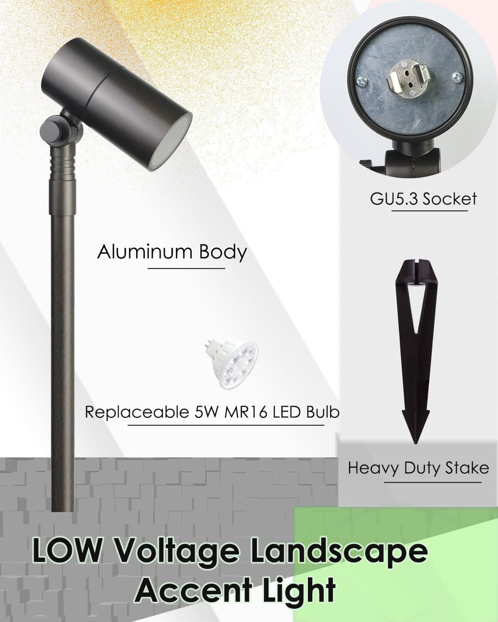 Low Voltage Landscape Path Light Kits Lights Paths and Garden Bed, Also be Used for Uplights Light up Walls and Trees, Cast Aluminum Body Free 5W 12V MR16 LED Bulb and ABS Stake 2-Pack