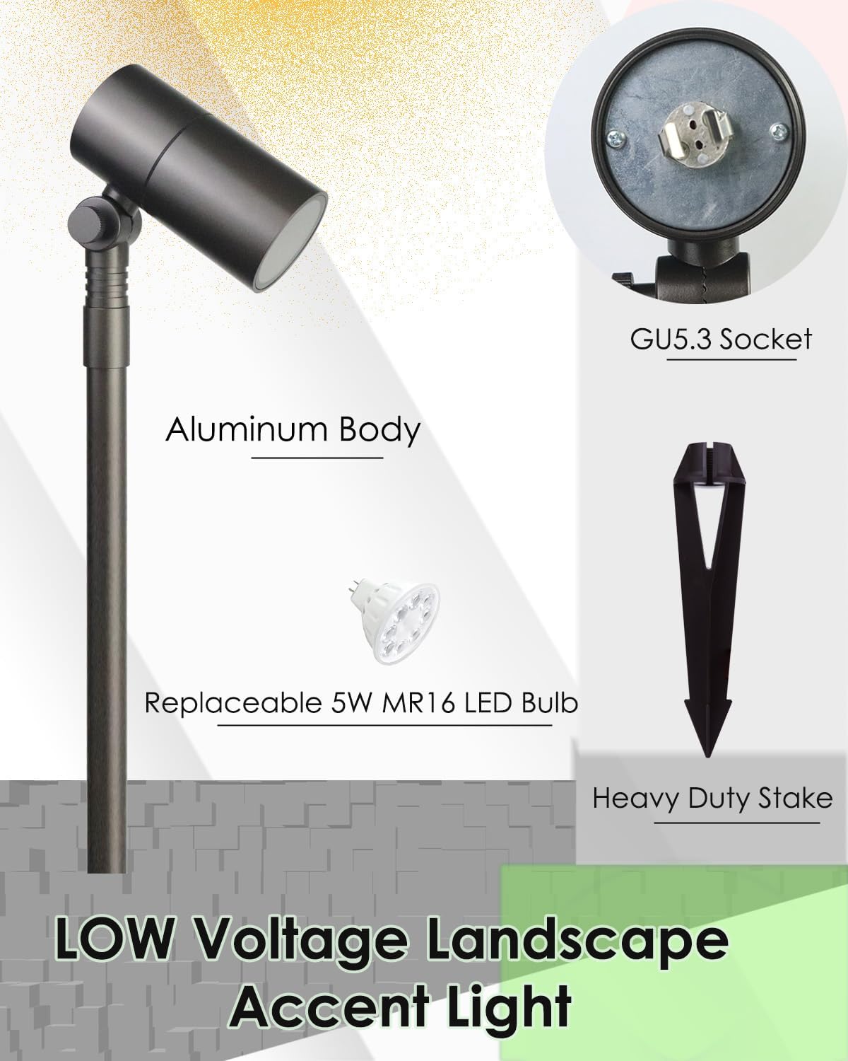 Low Voltage Landscape Path Light Kits Lights Paths and Garden Bed, Also be Used for Uplights Light up Walls and Trees, Cast Aluminum Body Free 5W 12V MR16 LED Bulb and ABS Stake 2-Pack