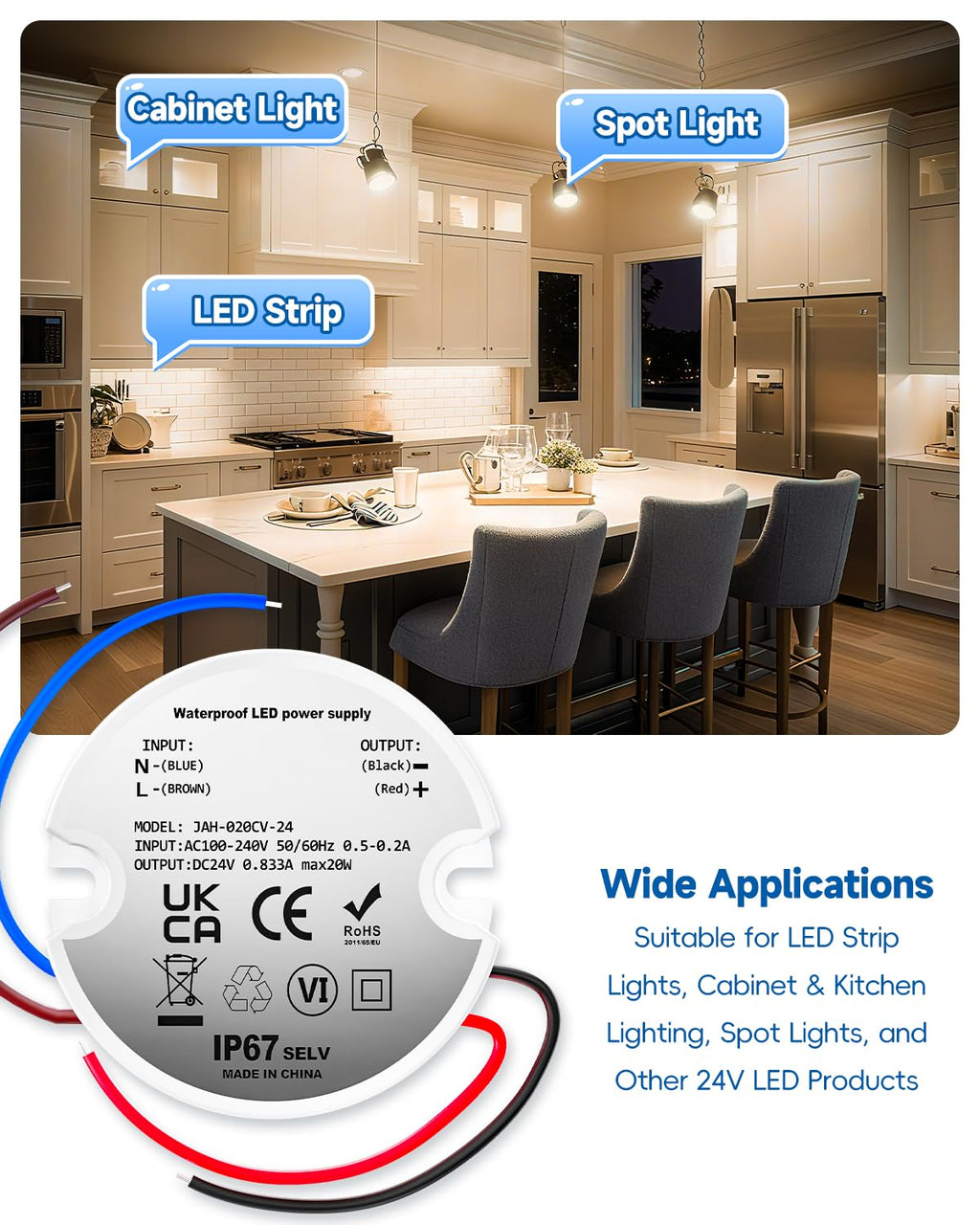 24V LED Power Supply IP67, LED Driver 20W 0.833A, Waterproof Compact 24v Transformer for Kitchen Under Cabinet Light Strips, 1 Pack