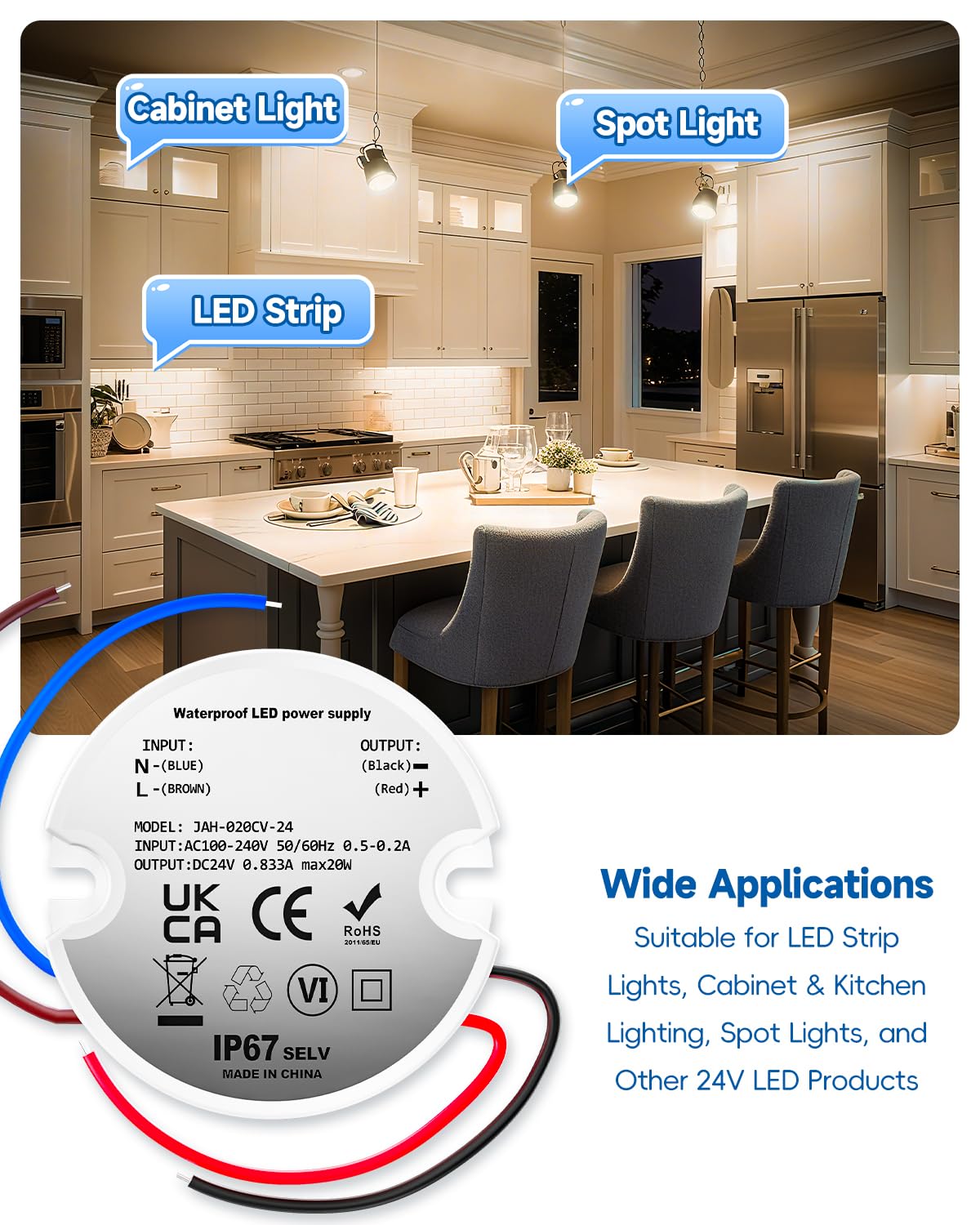 24V LED Power Supply IP67, LED Driver 20W 0.833A, Waterproof Compact 24v Transformer for Kitchen Under Cabinet Light Strips, 1 Pack