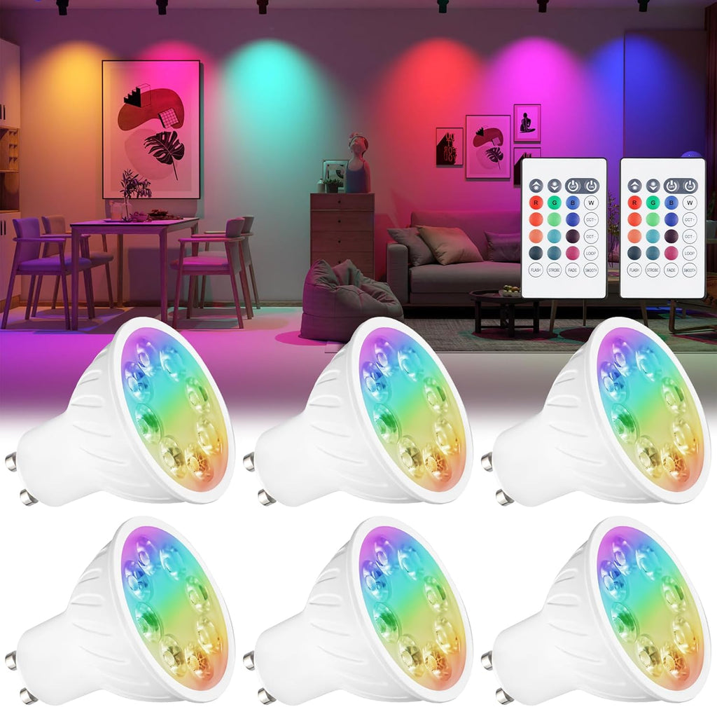 GU10 Color Changing LED Bulbs with Exclusive Loop Mode (Monochrome Fade), RGB + Adjustable White 2700K-6000K, 5W 35W Equivalent, GU10 LED Bulbs 2 Remote Control 100-240V, 6-Pack
