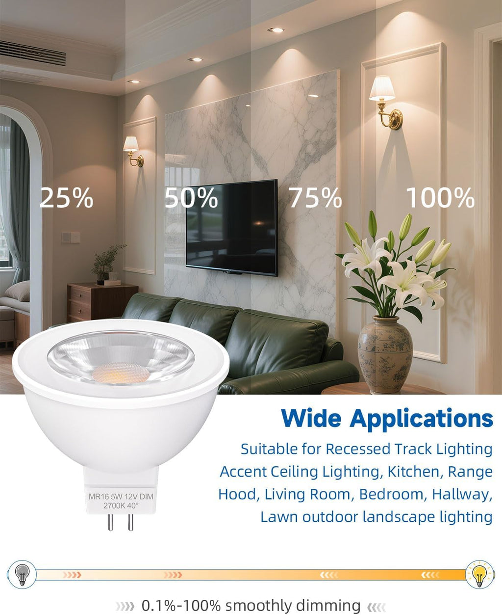 MR16 LED Bulb Dimmable, MR16 LED Bulb 2700K Dimmable 5W Warm White 12V 45W Halogen Lights Equivalent, Low Voltage Spotlight Gu5.3 Bulbs 40° Beam Angle 6-Pack