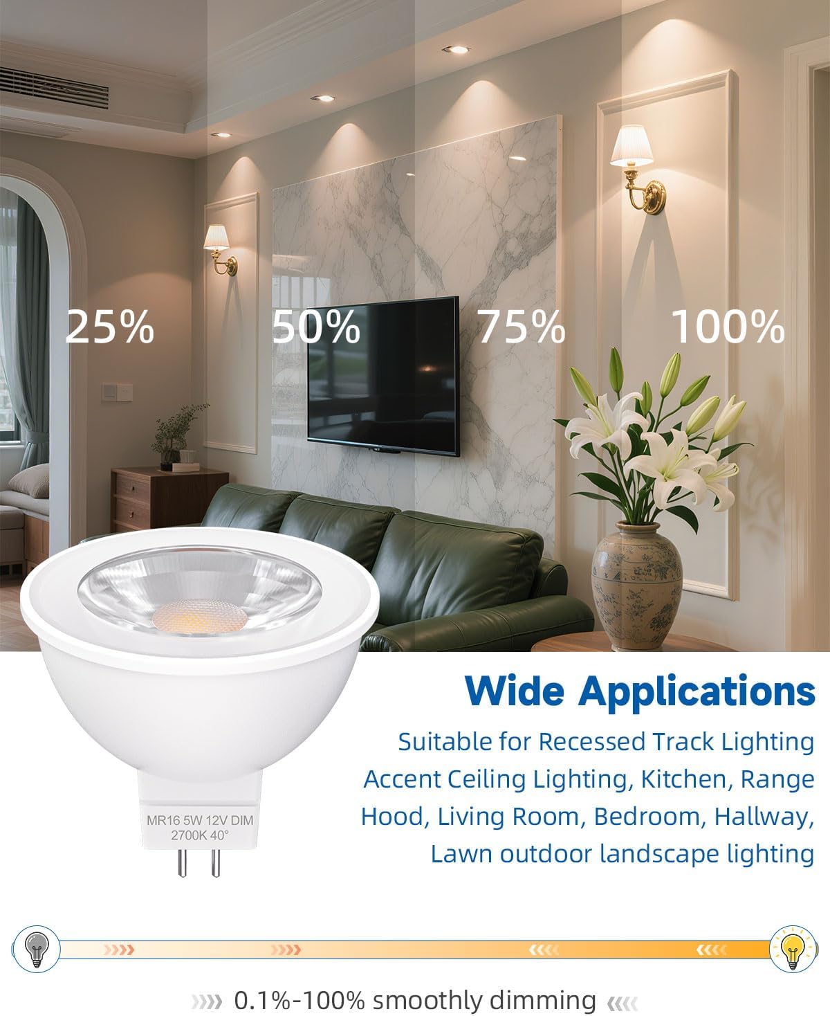 MR16 LED Bulb Dimmable, MR16 LED Bulb 2700K Dimmable 5W Warm White 12V 45W Halogen Lights Equivalent, Low Voltage Spotlight Gu5.3 Bulbs 40° Beam Angle 6-Pack