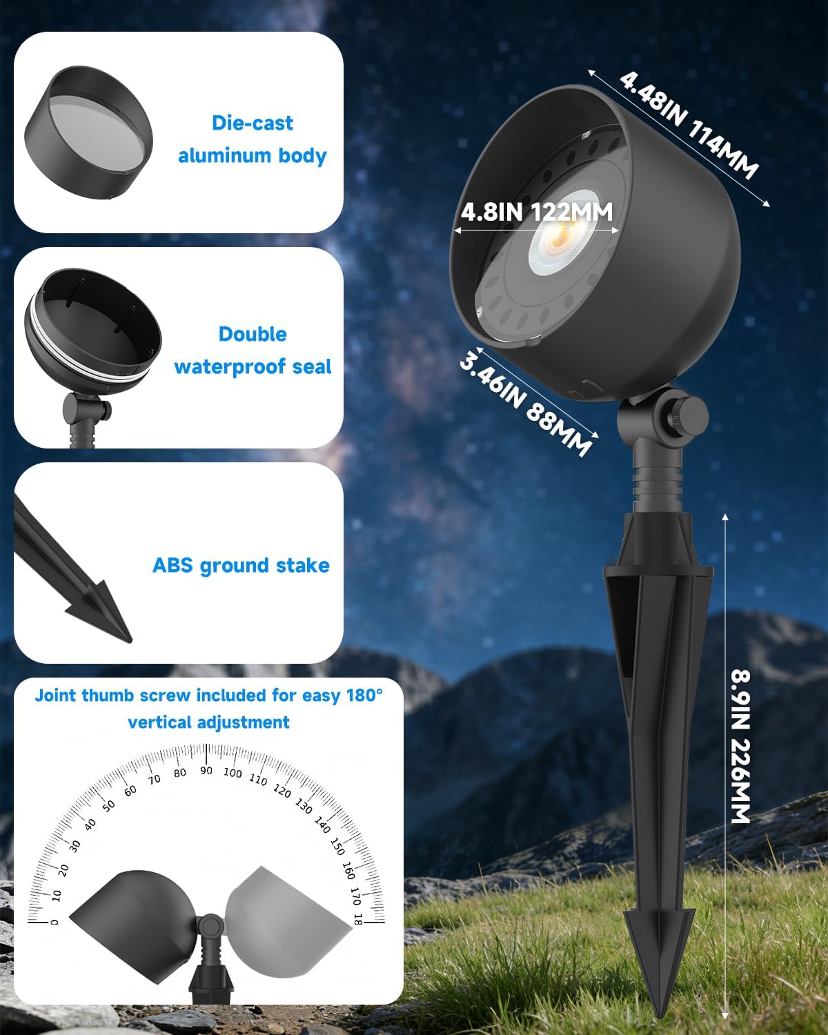 PAR36 LED Low Voltage Outdoor Spotlight, Replaceable G53 Base Bulb, IP65 Waterproof Low Voltage Spot Light Cast Aluminum, Outdoor Spotlights for Yard Garden,2700K 850lm,2-Pack