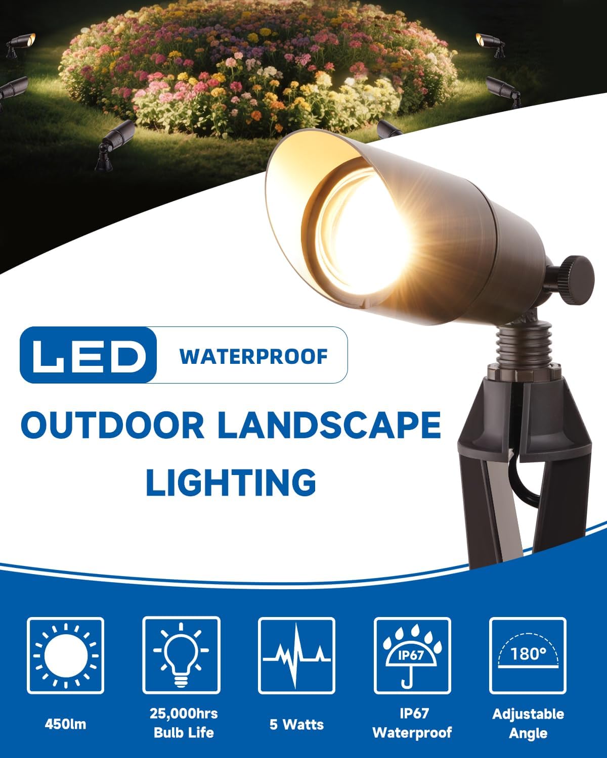 Solid Brass Outdoor Landscape Spotlight 12V Wired Low Voltage Spot Lights with 5W MR16 LED Bulb Warm White, Waterproof IP67 Outdoor Spot Lights for Yard & Garden 12V Landscape Lights 6-Pack