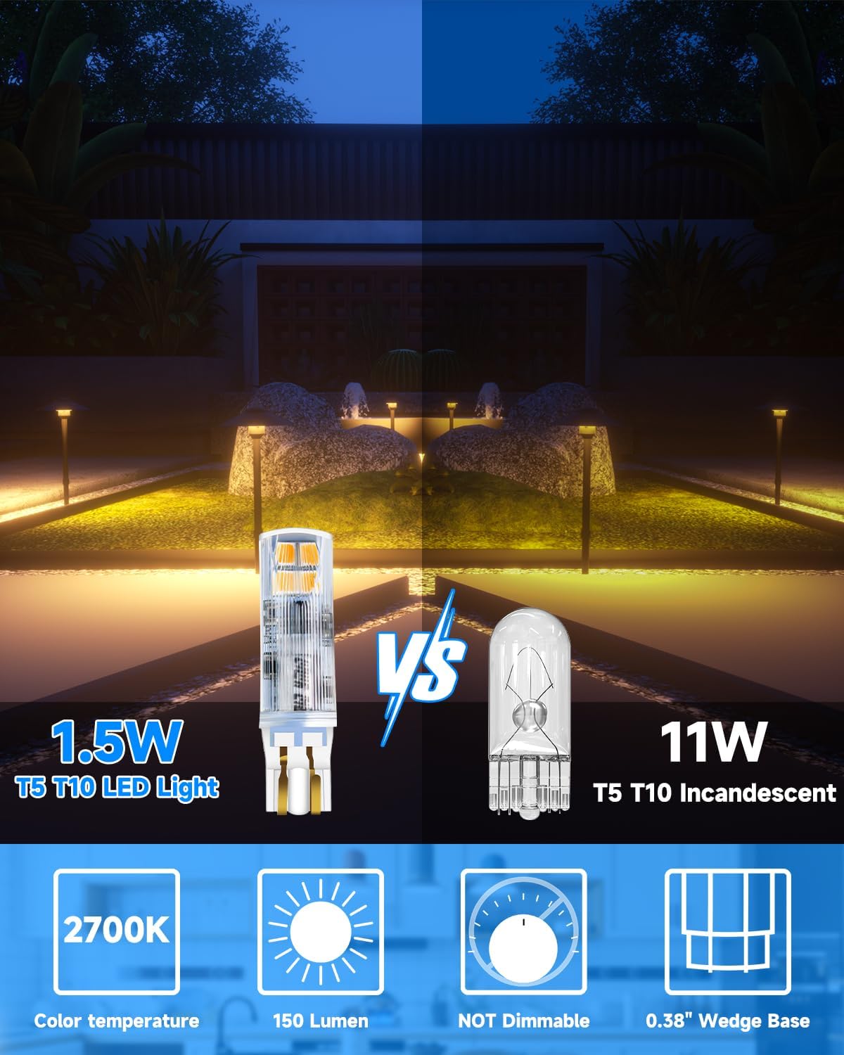 T5 Wedge Base LED Bulb 12V 1.5W T5 T10 Wedge Base LED Landscape Lights for 194 921 T10 7W 11 Watt Landscape Light Bulbs RV Camper Motorhome Dome Light 2700K Warm White 10-Count