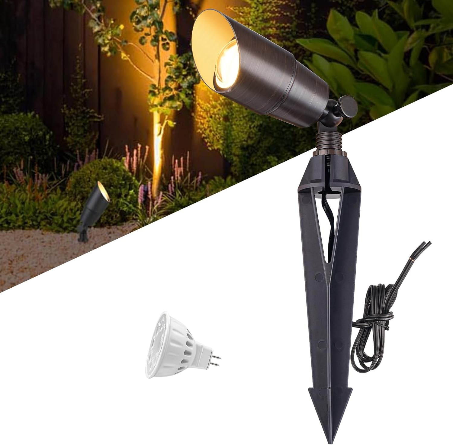 Solid Brass Outdoor Landscape Spotlight 12V Wired Low Voltage Spot Lights with 5W MR16 LED Bulb Warm White, Waterproof IP67 Outdoor Spot Lights for Yard & Garden 12V Landscape Lights 6-Pack