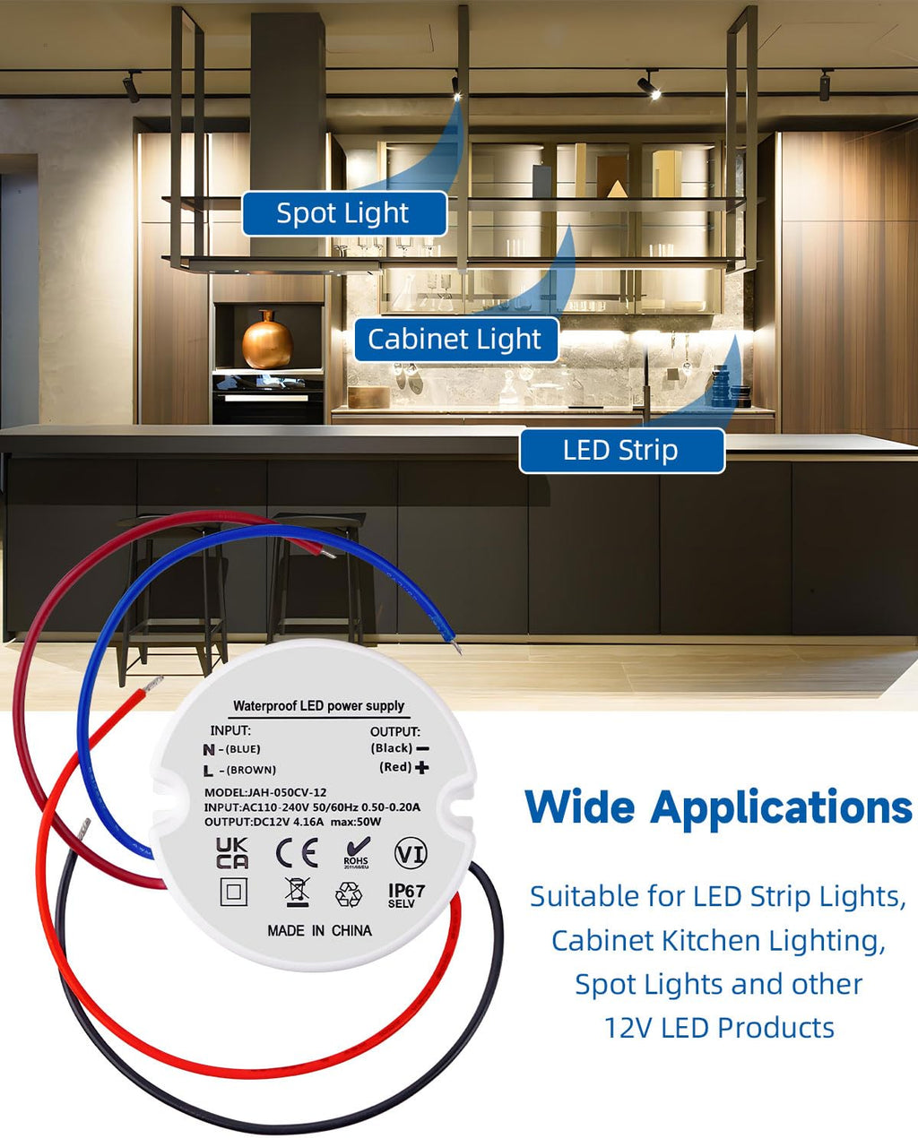 LED Driver 12V 50W, 240V to 12V Transformer IP67, 50W DC Power Supply Waterproof 4.16A for G4 MR16 Strip Lights Outdoor Lighting
