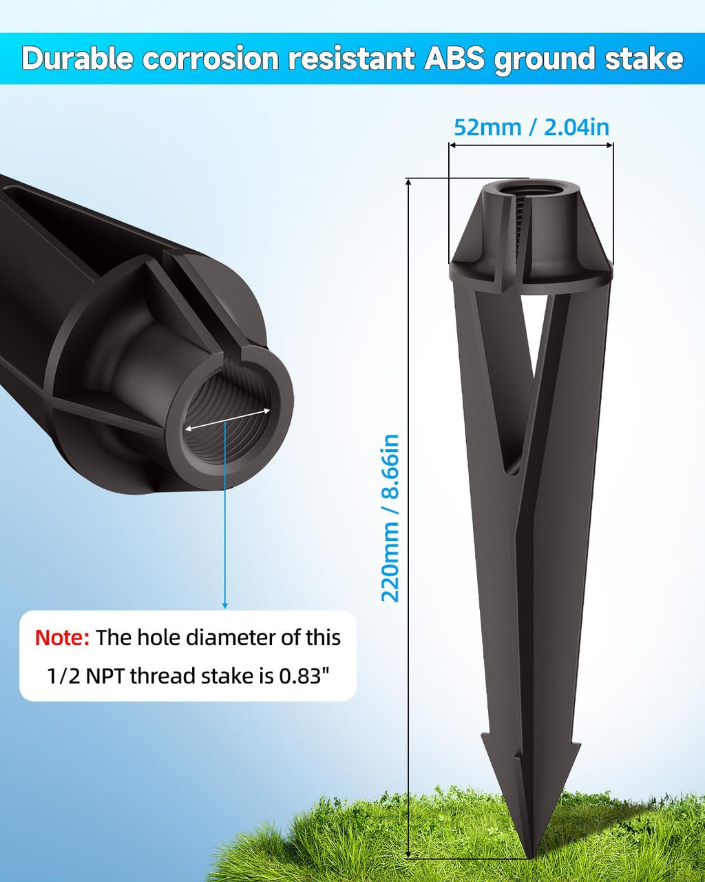 Landscape Lighting Stakes 1/2 NPT Female Thread Landscape Light Stakes Replacement 8 2/3" Length 2" Diameter with Side Wire Way for Easy Installation, 5-Count