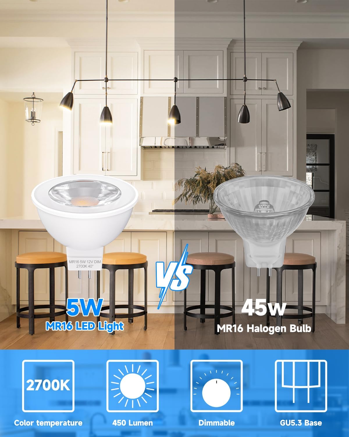 MR16 LED Bulb Dimmable, MR16 LED Bulb 2700K Dimmable 5W Warm White 12V 45W Halogen Lights Equivalent, Low Voltage Spotlight Gu5.3 Bulbs 40° Beam Angle 6-Pack