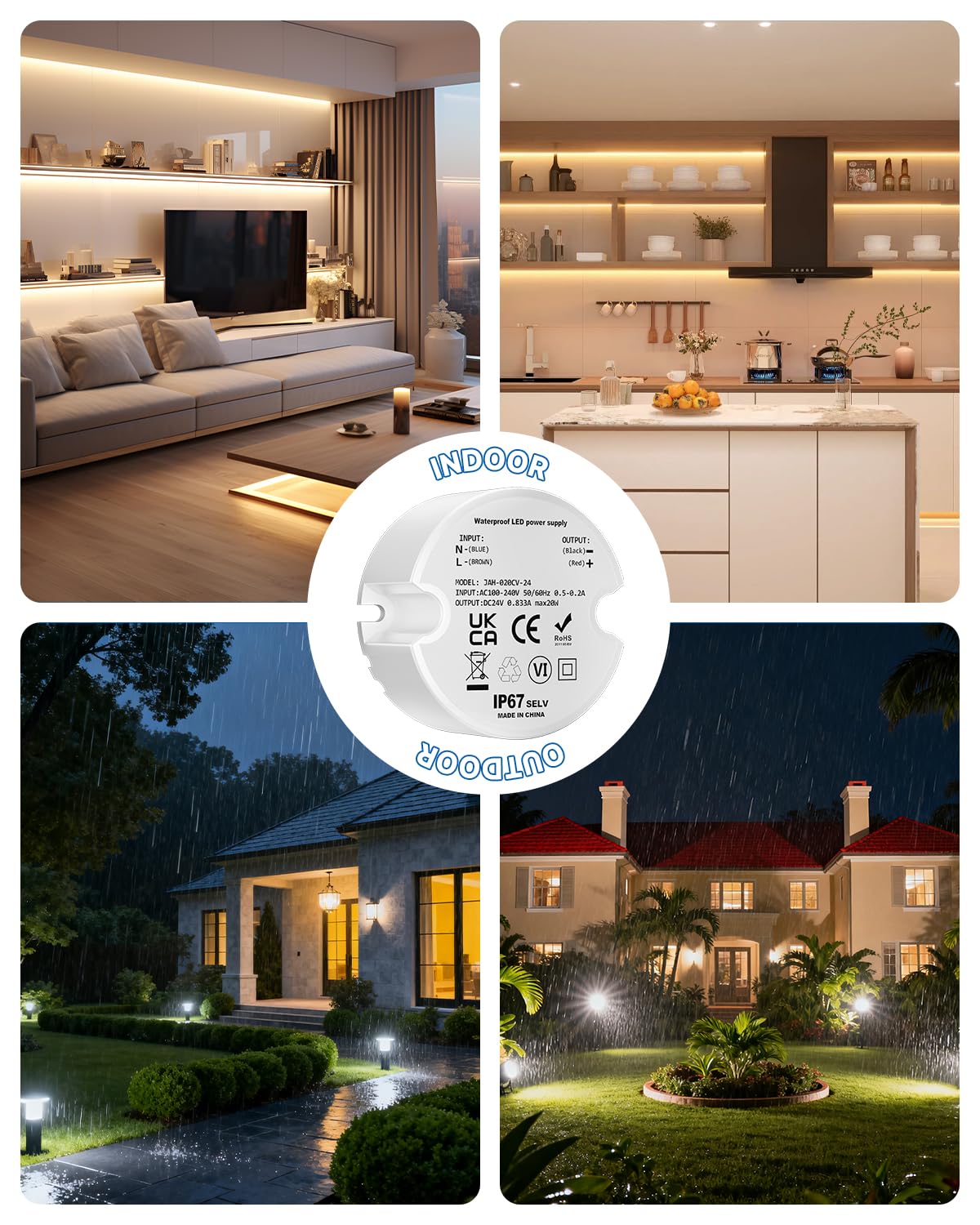 24V LED Power Supply IP67, LED Driver 20W 0.833A, Waterproof Compact 24v Transformer for Kitchen Under Cabinet Light Strips, 1 Pack