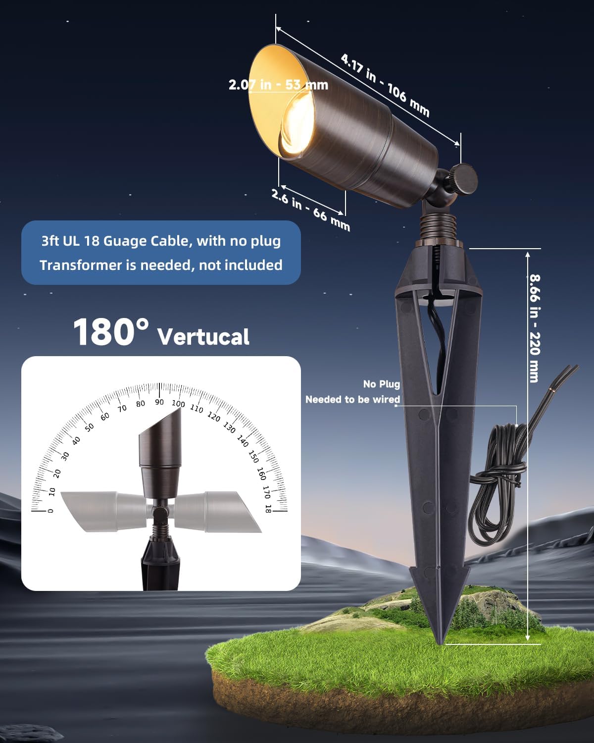 Solid Brass Outdoor Landscape Spotlight 12V Wired Low Voltage Spot Lights with 5W MR16 LED Bulb Warm White, Waterproof IP67 Outdoor Spot Lights for Yard & Garden 12V Landscape Lights 6-Pack
