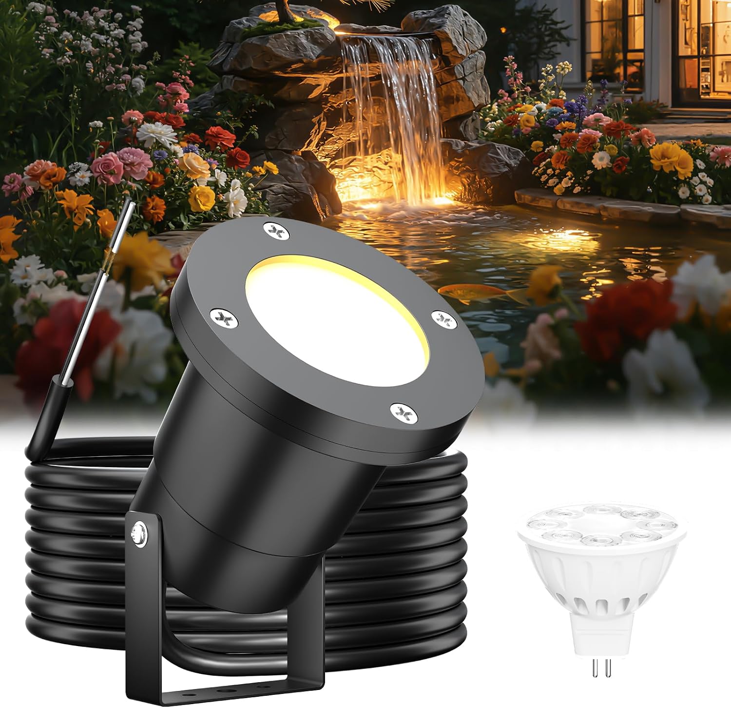 Fountain Lights 12V Underwater Pond Lights IP68 5W MR16 1-Pack | IP68 Waterproof, 2700K Warm White, Replaceable MR16 LED Bulb, for Submersible Pond Lights Fountain Outdoor