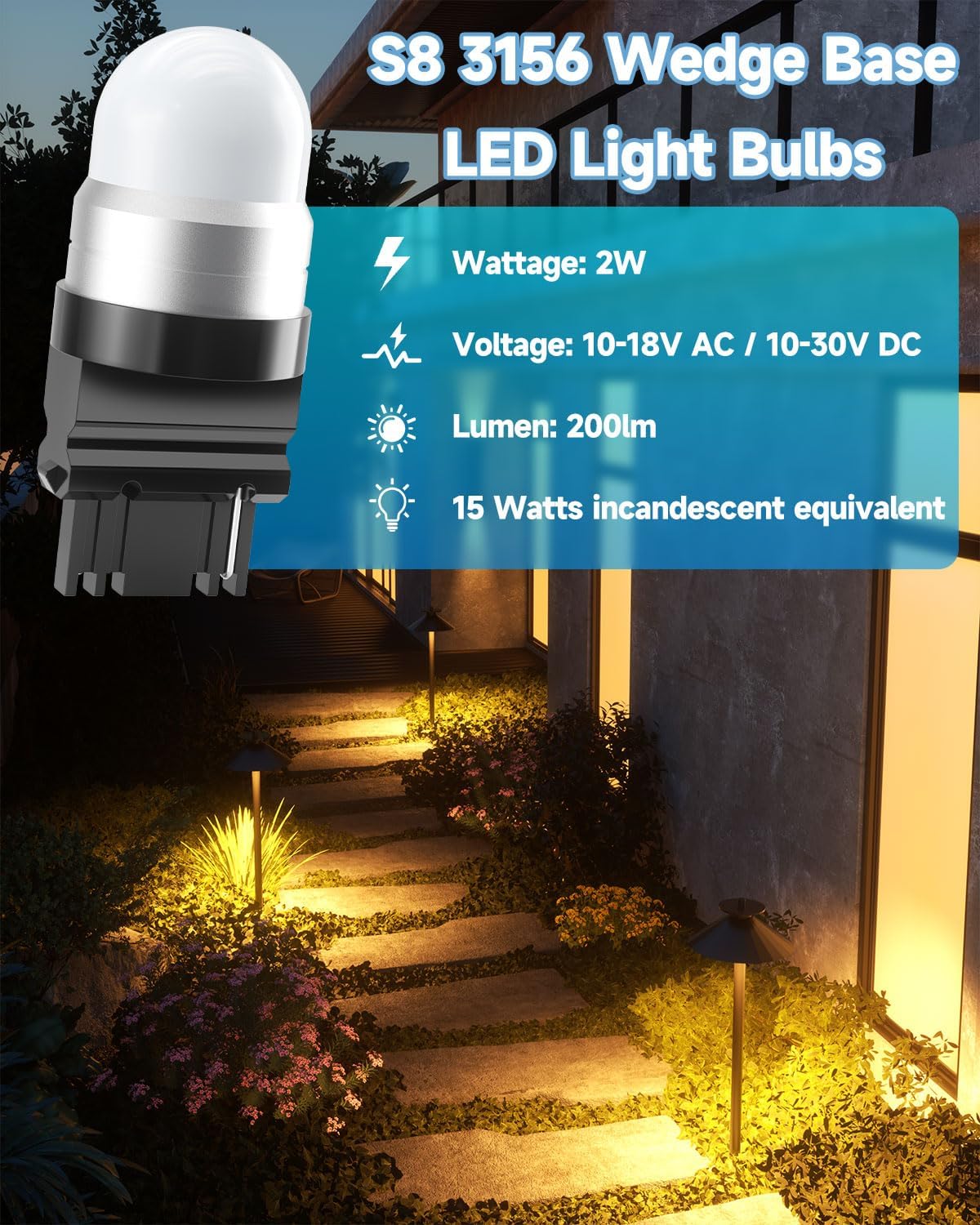 3156 LED Bulb S8 Wedge LED Bulb, 12V 24V 2W 3156 S8 Landscape Light Bulbs for Outdoor Pathway Driveway Lights, 15W Halogen Bulbs Replacement Warm White 2700K 6-Count