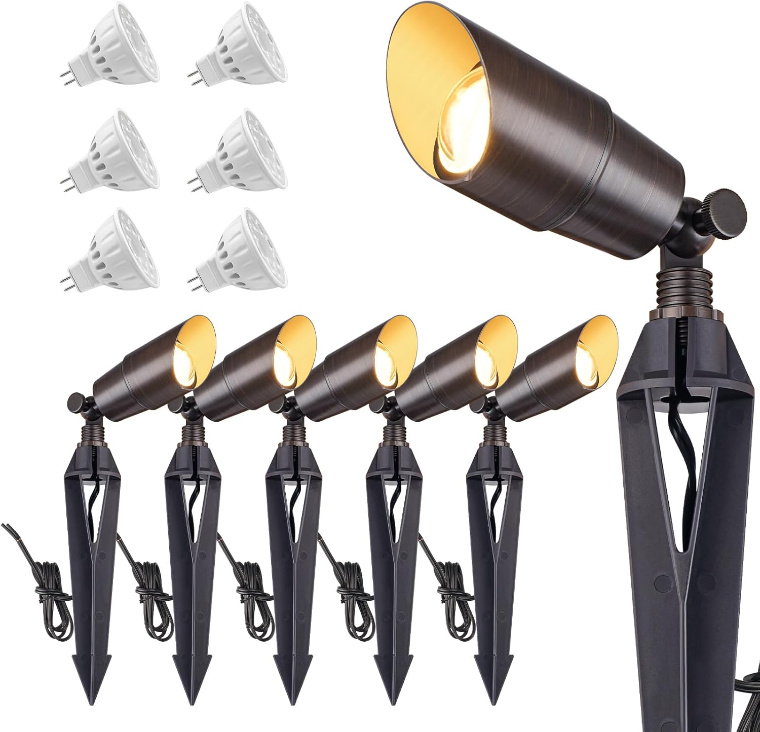 Solid Brass Outdoor Landscape Spotlight 12V Wired Low Voltage Spot Lights with 5W MR16 LED Bulb Warm White, Waterproof IP67 Outdoor Spot Lights for Yard & Garden 12V Landscape Lights 6-Pack