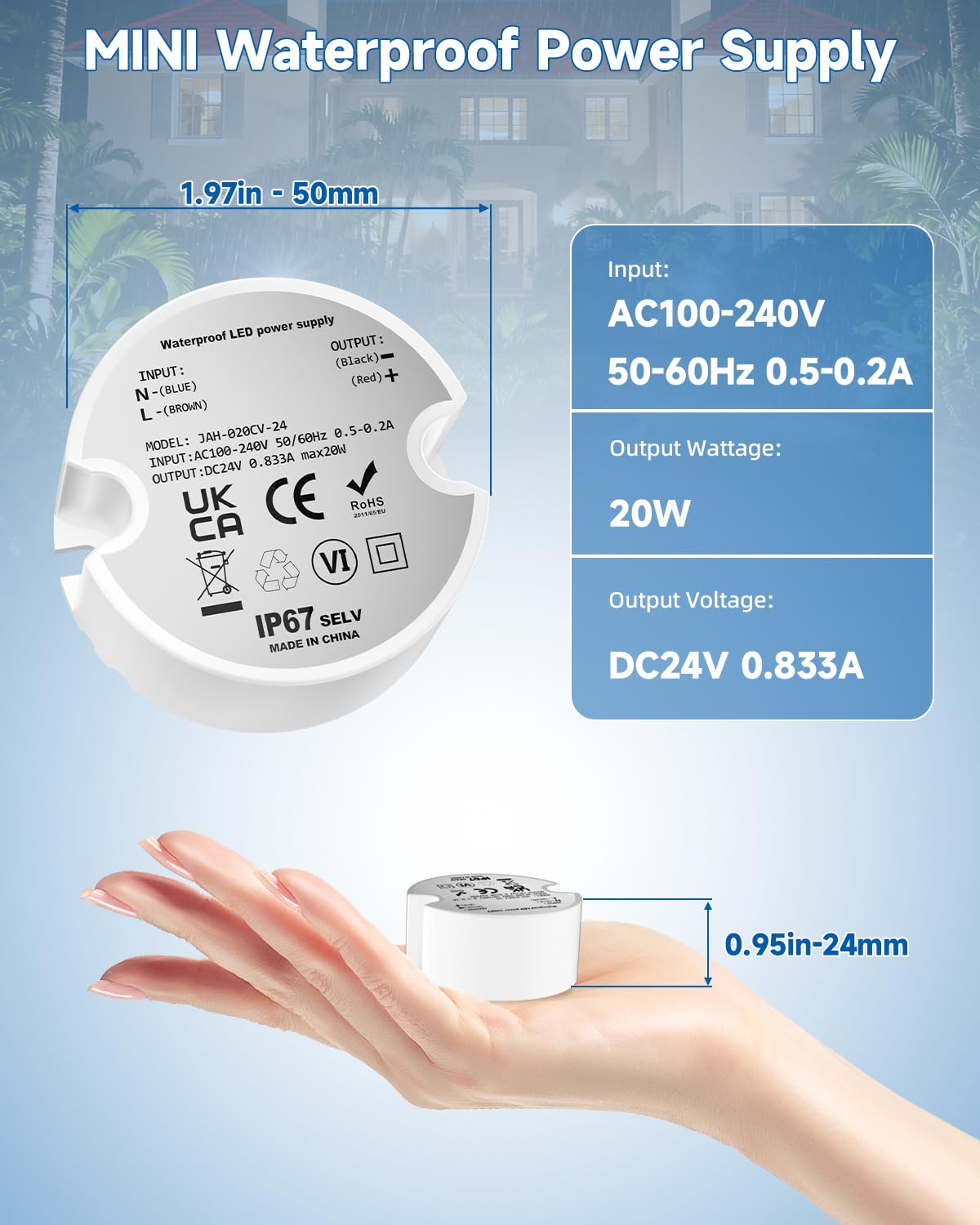 24V LED Power Supply IP67, LED Driver 20W 0.833A, Waterproof Compact 24v Transformer for Kitchen Under Cabinet Light Strips, 1 Pack