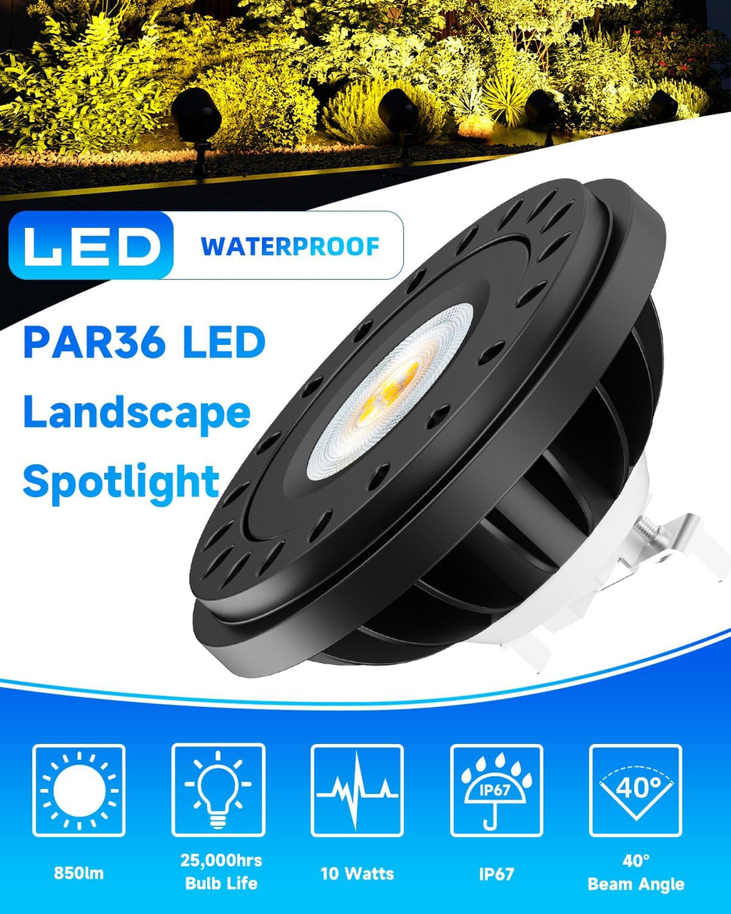 PAR36 LED Bulb 12V - 24V 10W IP67 PAR36 LED Landscape Bulb 2700K 850lm 75W/50W Traditional Low Voltage Landscape Spotlight Replacement G53 Base Flood Light/RV/Track Light Warm White 2-Pack
