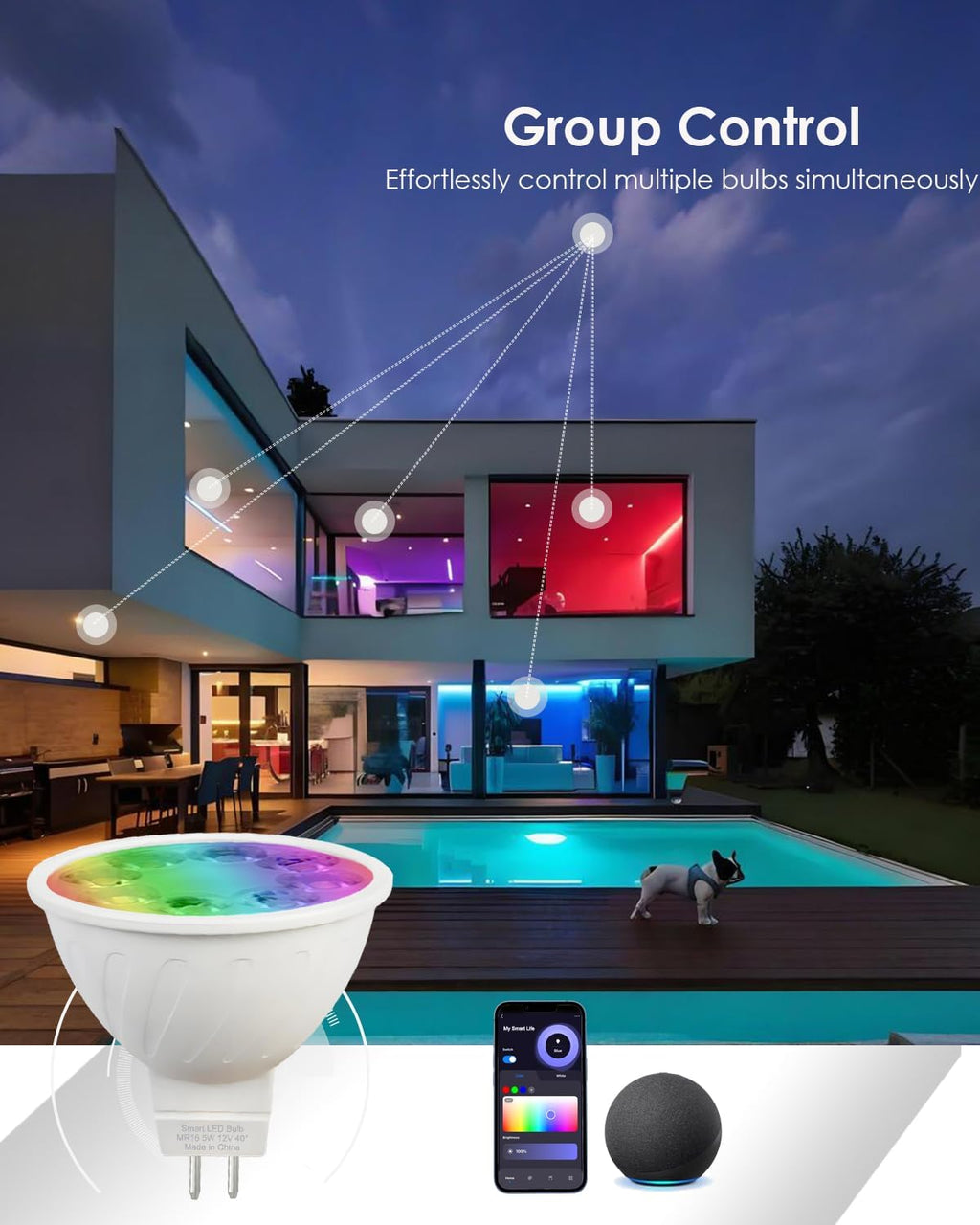 MR16 LED Bulb Color Changing MR16 Smart LED Bulb Wifi Color Changing Light Outdoor Compatible With Alexa Google Assistant, 16 Million Colors Rgbcw, 2.4Ghz Wifi & Bluetooth, Music Sync,4-Pack