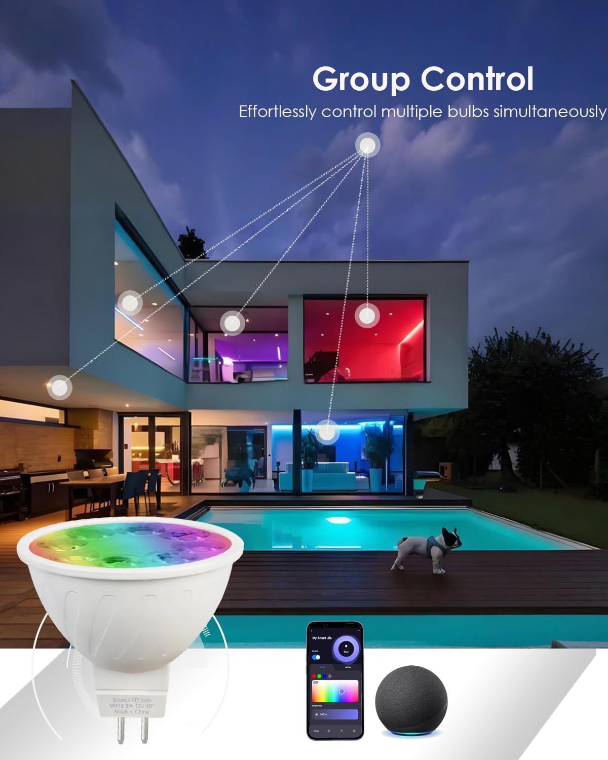 MR16 LED Bulb Color Changing MR16 Smart LED Bulb Wifi Color Changing Light Outdoor Compatible With Alexa Google Assistant, 16 Million Colors Rgbcw, 2.4Ghz Wifi & Bluetooth, Music Sync,4-Pack