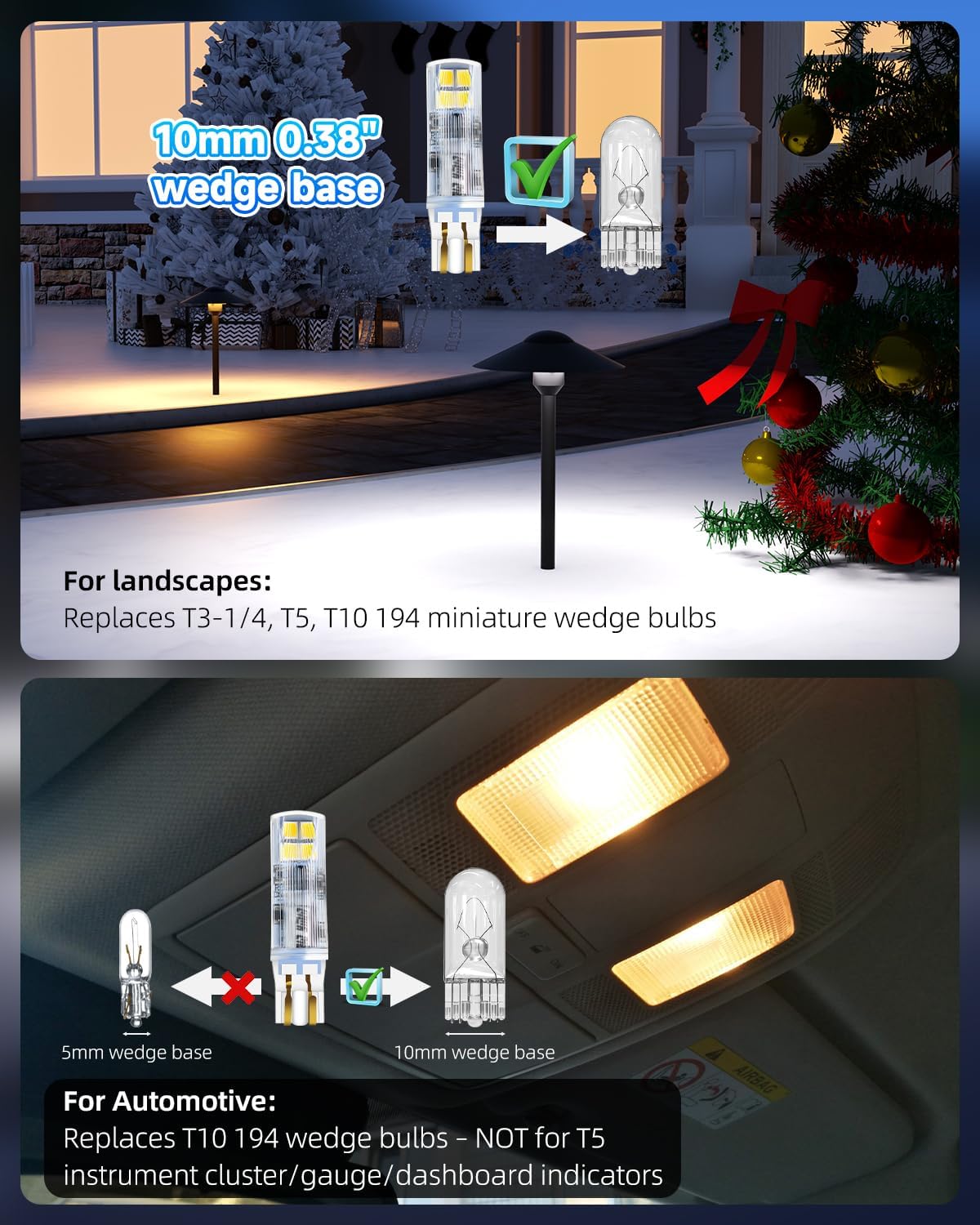 T5 Wedge Base LED Bulb 12V 1.5W T5 T10 Wedge Base LED Landscape Lights for 194 921 T10 7W 11 Watt Landscape Light Bulbs RV Camper Motorhome Dome Light 2700K Warm White 10-Count