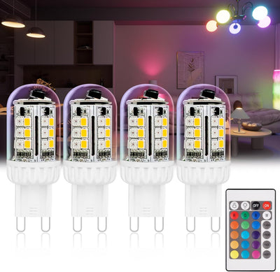 G9 LED Bulb Color Changing Remote Controlled, G9 RGB Light Bulbs LED Not Smart, 3W 100-240V 2700K Warm White+15 Multi Color for Indoor, Party & Home Decor (4 Bulbs and 1 Remote)