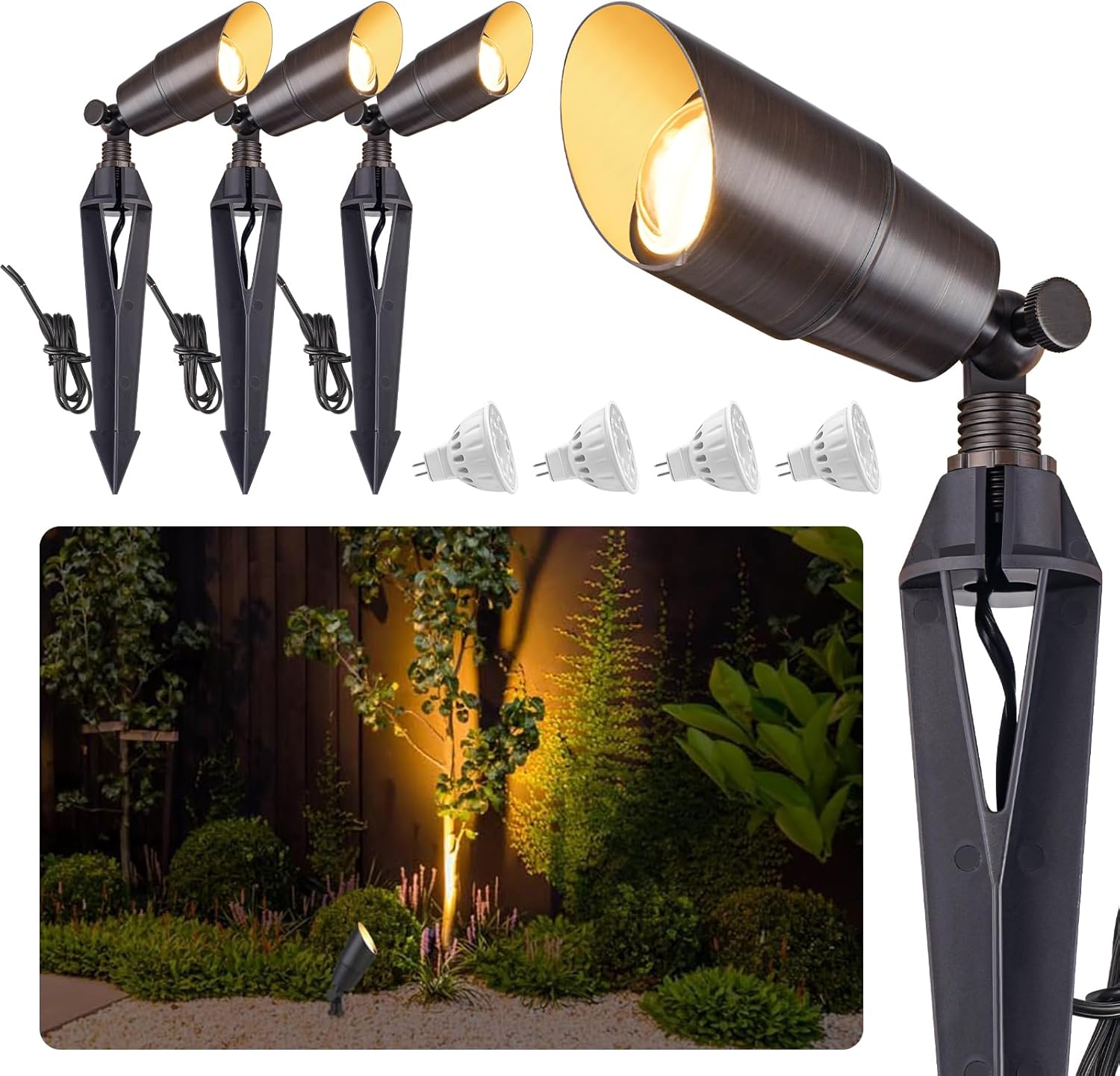 Solid Brass Outdoor Landscape Spotlight 12V Wired Low Voltage Spot Lights with 5W MR16 LED Bulb Warm White, Waterproof IP67 Outdoor Spot Lights for Yard & Garden 12V Landscape Lights 6-Pack
