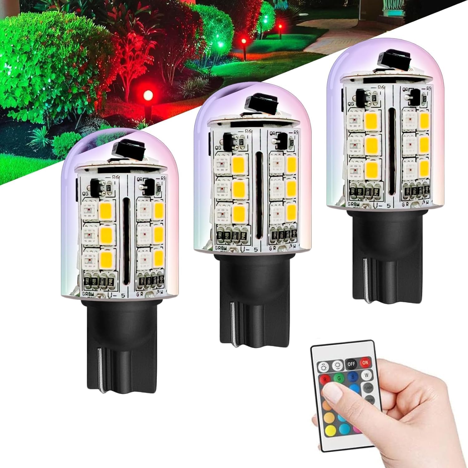T10 LED Bulb Color Changing, RGB T10 T5 Wedge Base LED Bulb 12V-24V for LED Landscape Light Bulbs, Warm White+15 Multicolor Christmas Decoration Lights (3 Bulbs and one Remote)