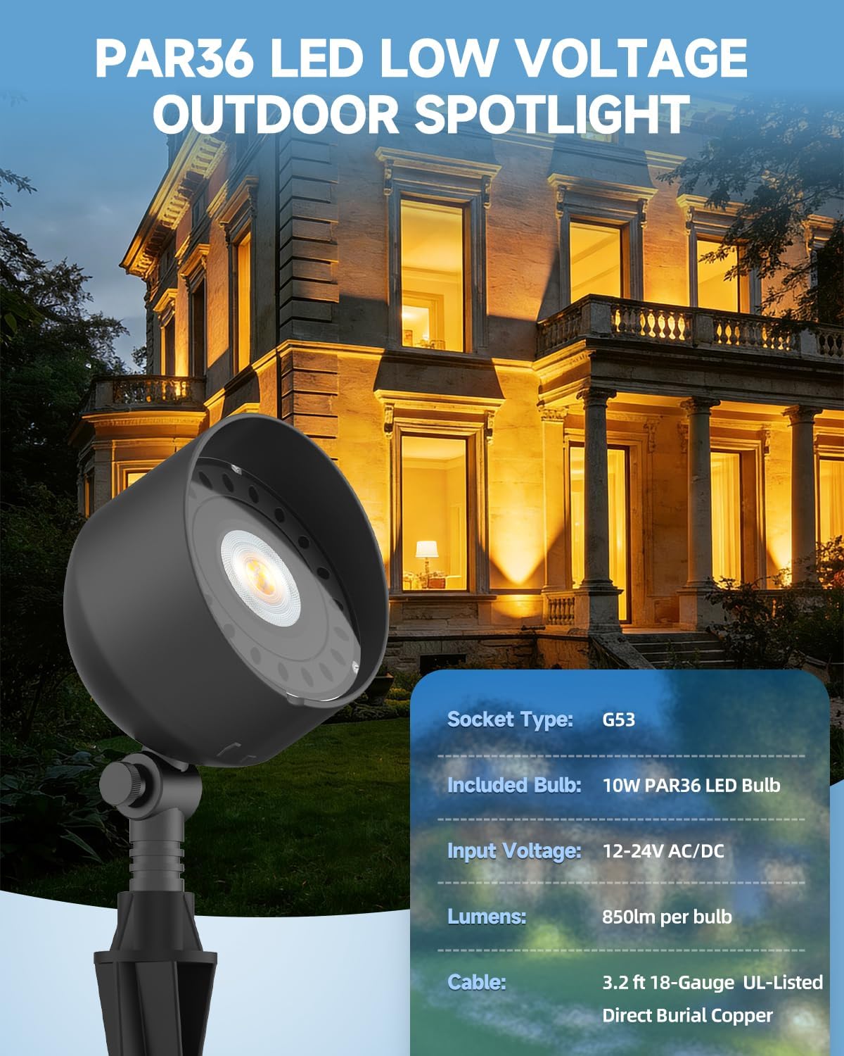 PAR36 LED Low Voltage Outdoor Spotlight, Replaceable G53 Base Bulb, IP65 Waterproof Low Voltage Spot Light Cast Aluminum, Outdoor Spotlights for Yard Garden,2700K 850lm,2-Pack
