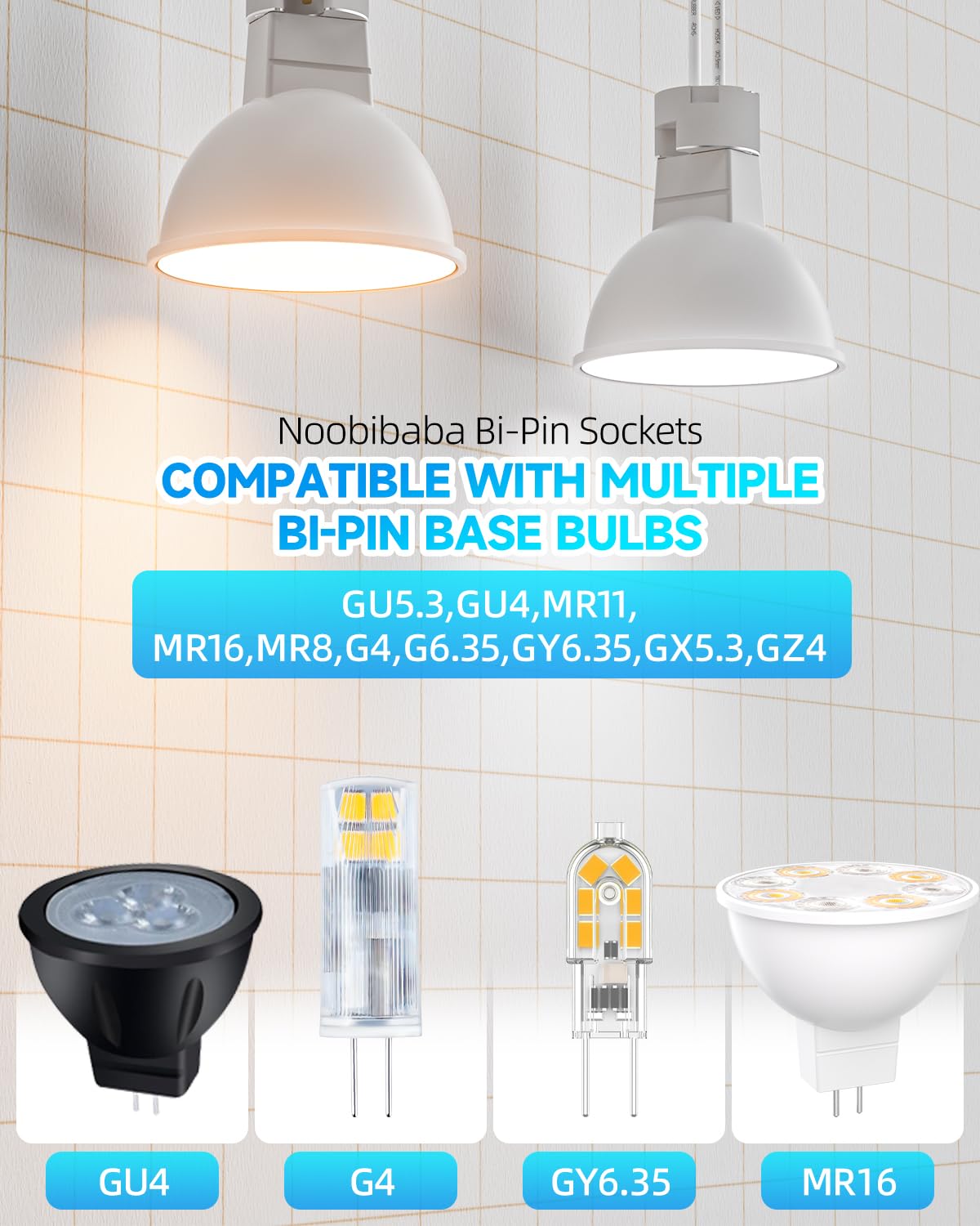 Ceramic Bi-Pin Socket Adapter, Compatible with G4 GU5.3 G6.35 GY6.35 GX5.3 GZ4, MR16, MR11, and MR8 Light Bulbs - Pack of 12, 3.9" Cable