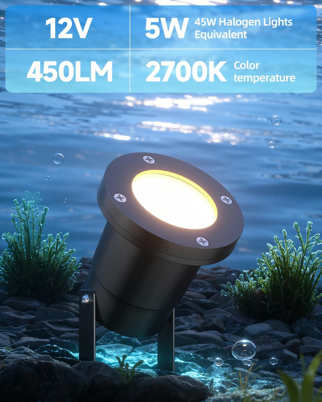 Fountain Lights 12V Underwater Pond Lights IP68 5W MR16 1-Pack | IP68 Waterproof, 2700K Warm White, Replaceable MR16 LED Bulb, for Submersible Pond Lights Fountain Outdoor