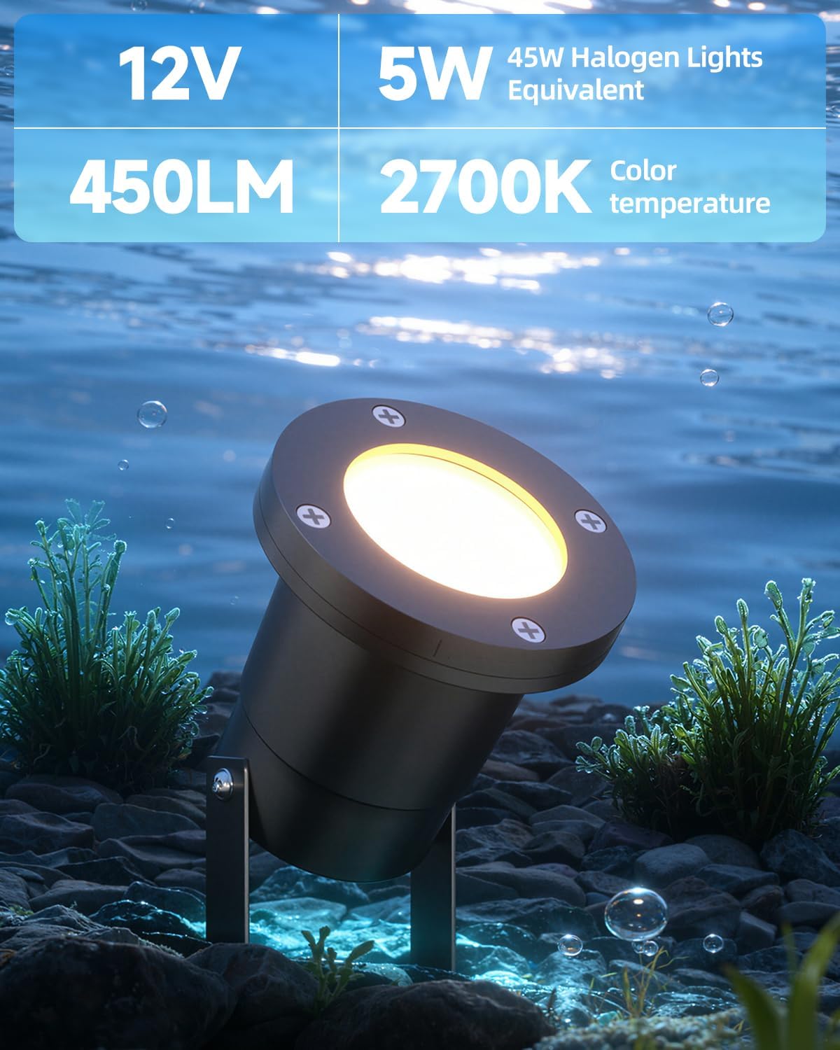Fountain Lights 12V Underwater Pond Lights IP68 5W MR16 1-Pack | IP68 Waterproof, 2700K Warm White, Replaceable MR16 LED Bulb, for Submersible Pond Lights Fountain Outdoor