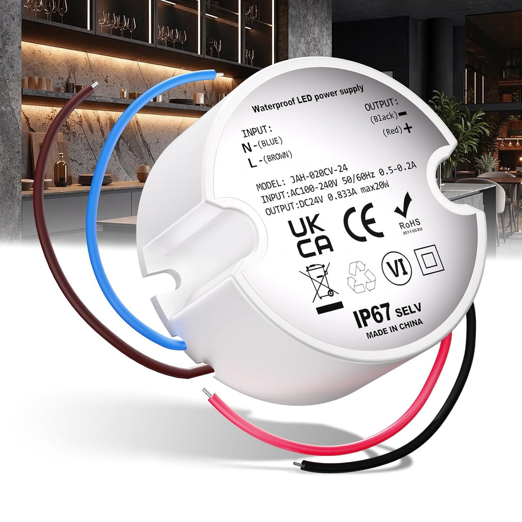 24V LED Power Supply IP67, LED Driver 20W 0.833A, Waterproof Compact 24v Transformer for Kitchen Under Cabinet Light Strips, 1 Pack