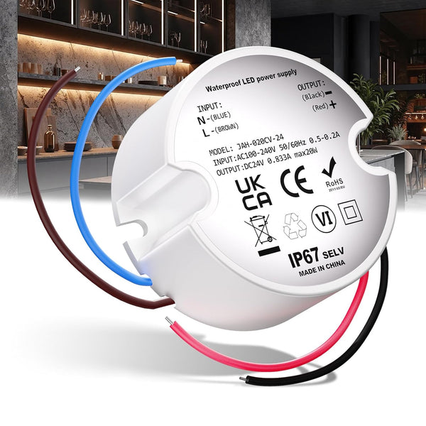 24V LED Power Supply IP67, LED Driver 20W 0.833A, Waterproof Compact 24v Transformer for Kitchen Under Cabinet Light Strips, 1 Pack