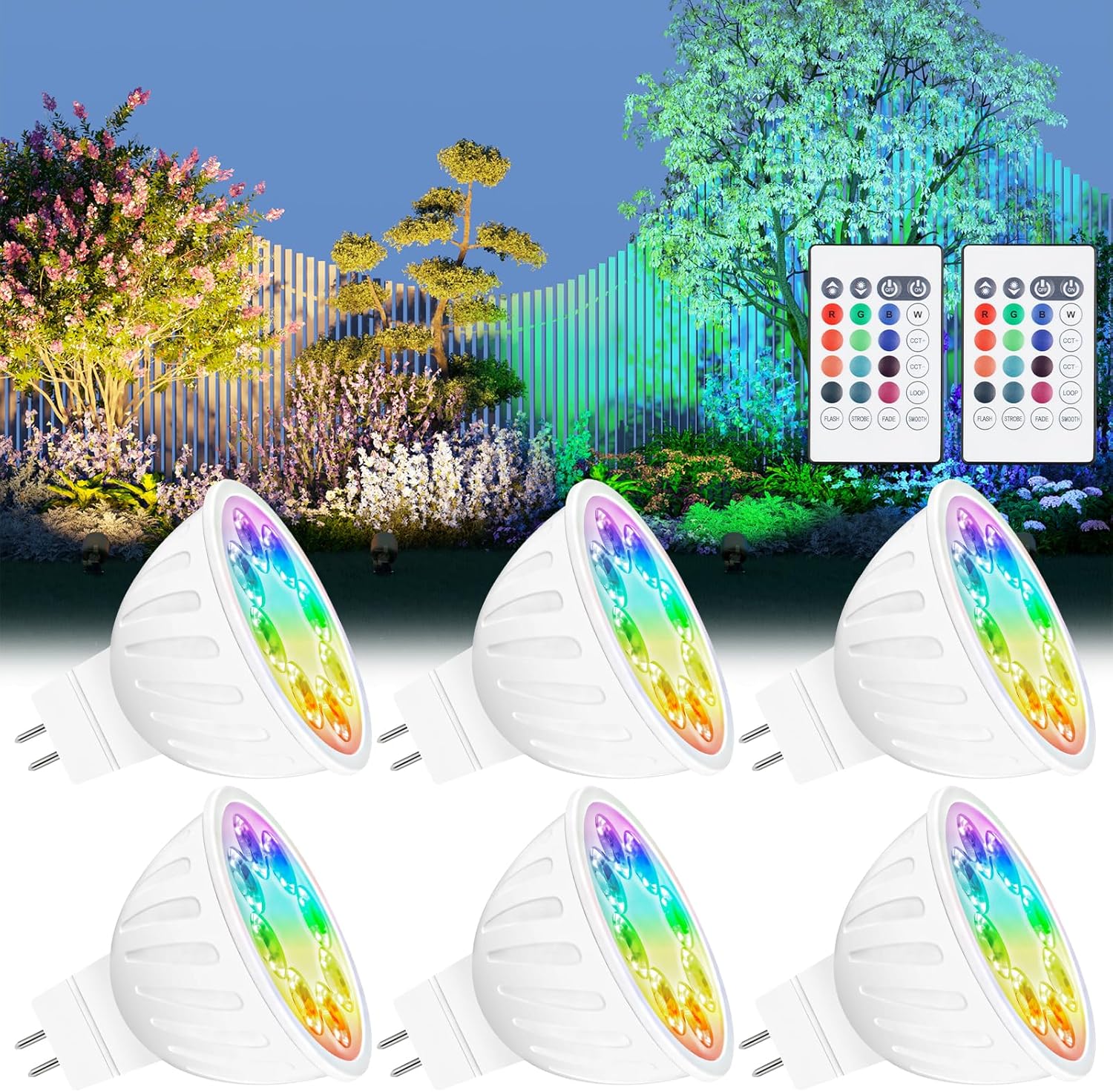MR16 Color Changing LED Bulbs Outdoor Exclusive Single-Color Cycle Mode MR16 LED Bulb Color Changing Gu5.3 Base for Landscape Lighting RGB±CCT 2700K-6000K Remote Control, 6-Pack