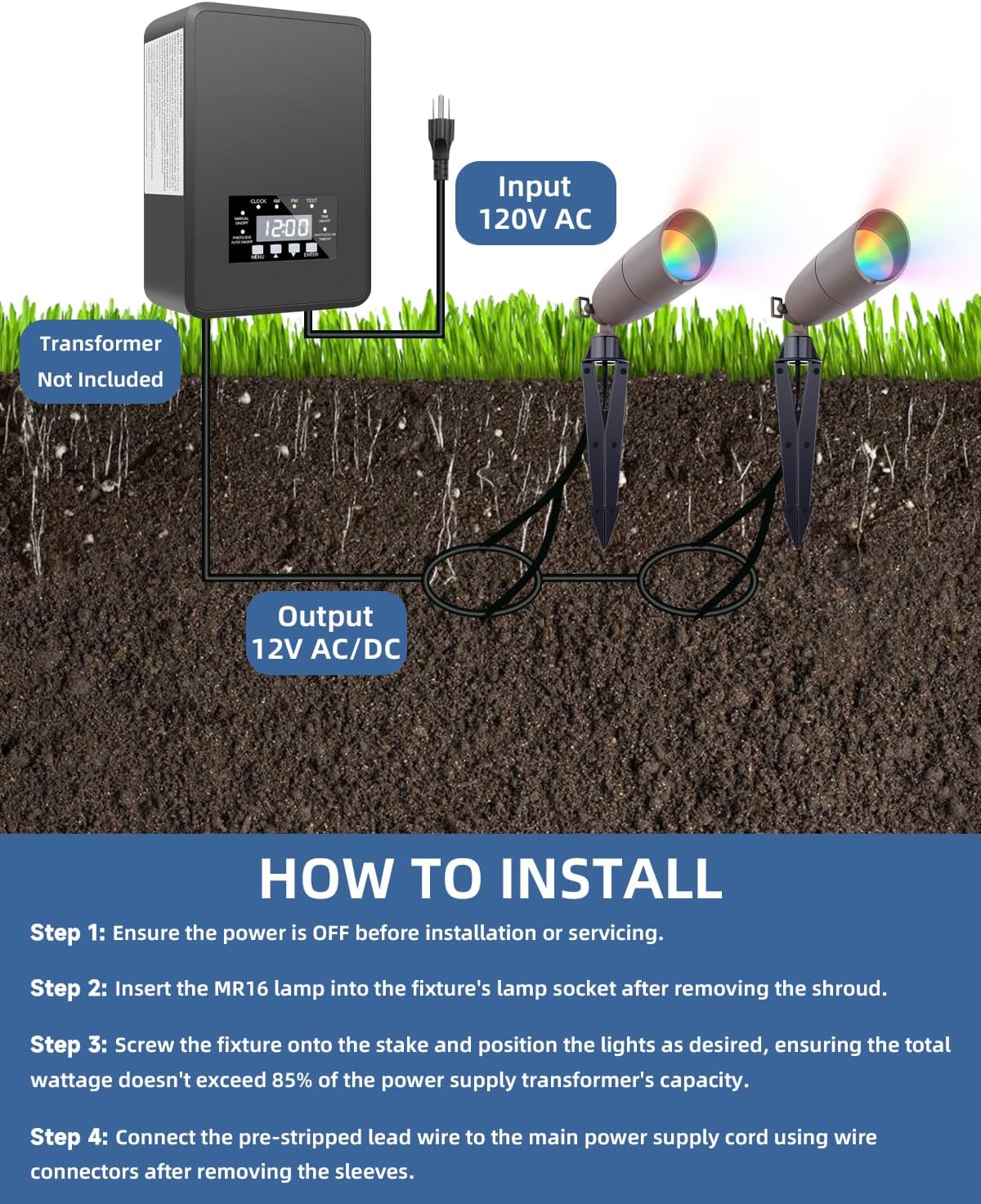 Landscape Spotlights Color Changing: 12V Low Voltage Spot Lights with 4W RGBW MR16 LED Bulb – Ideal for Landscape Spot Lights, Christmas Lighting & Decorative Setups