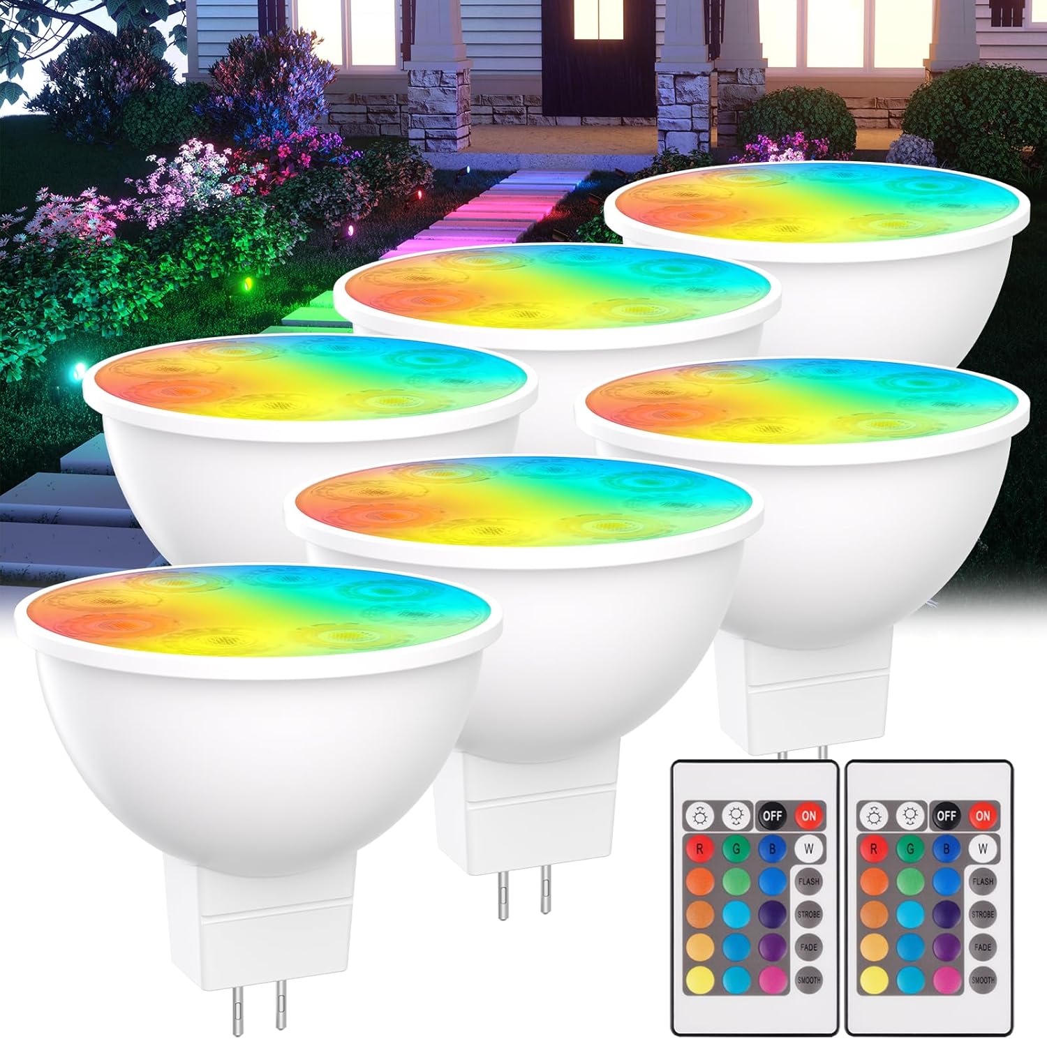 MR16 LED Bulb Color Changing 4W MR16 Color Changing LED Bulbs 12V Gu5.3 Bi-Pin Base Warm White+15 Multi Colors for Landscape Lighting (6 Bulbs and 2 Remotes)