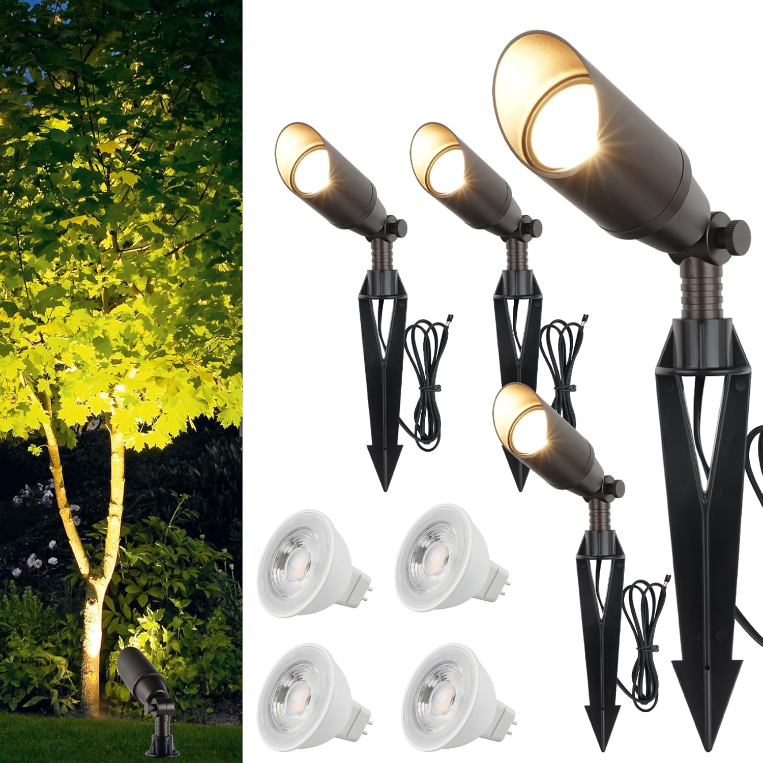 Outdoor Spot Lights for Yard 12V Wired Low Voltage Landscape Spotlights Aluminum Spot Lights with 4W MR16 LED Bulb Warm White, Waterproof Ip65 Spotlight Outdoor for Garden and Yard 4-Pack