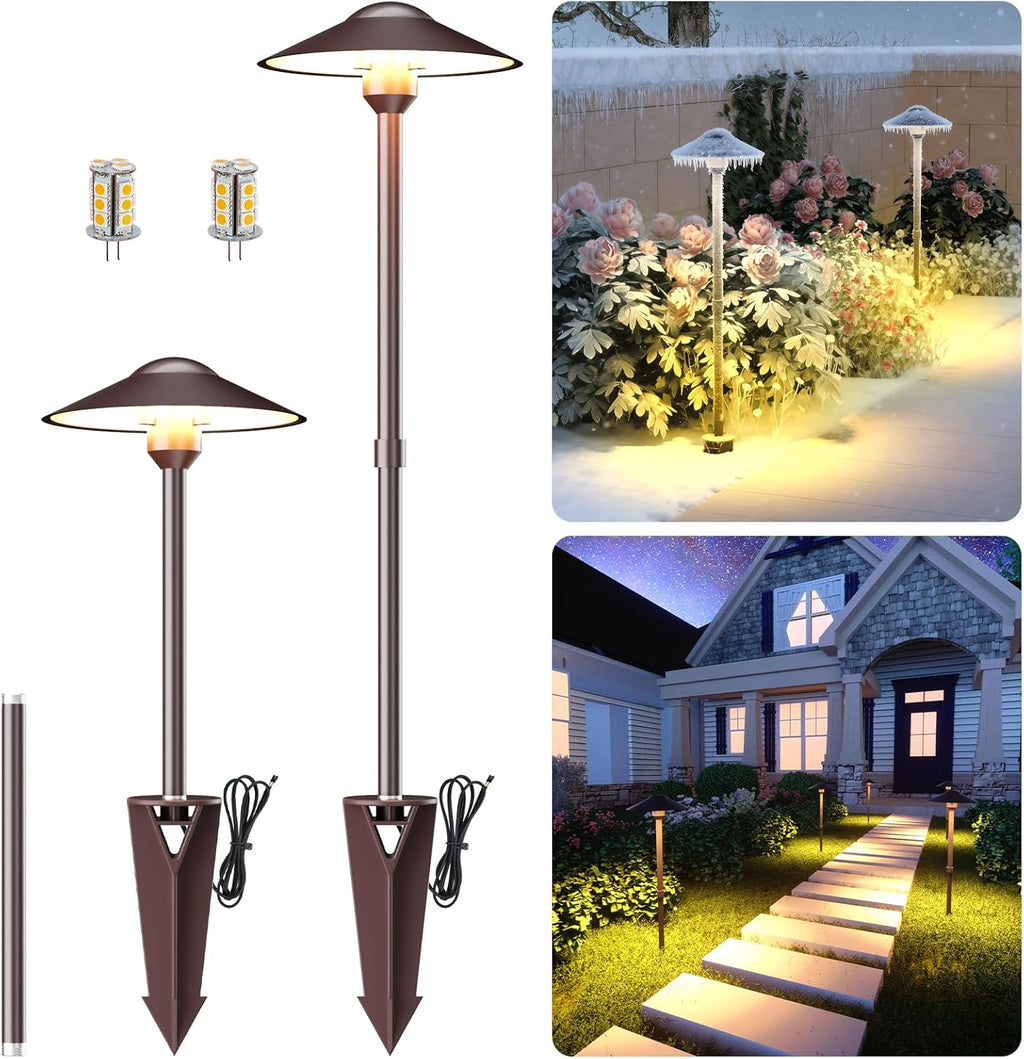 Low Voltage Landscape Path Lights, Aluminum Pathway Area Light, Replaceable 3W Warm White G4 LED Bulb, Extended Pole and Stake Included for Low Voltage Landscape Lighting, 2-Pack