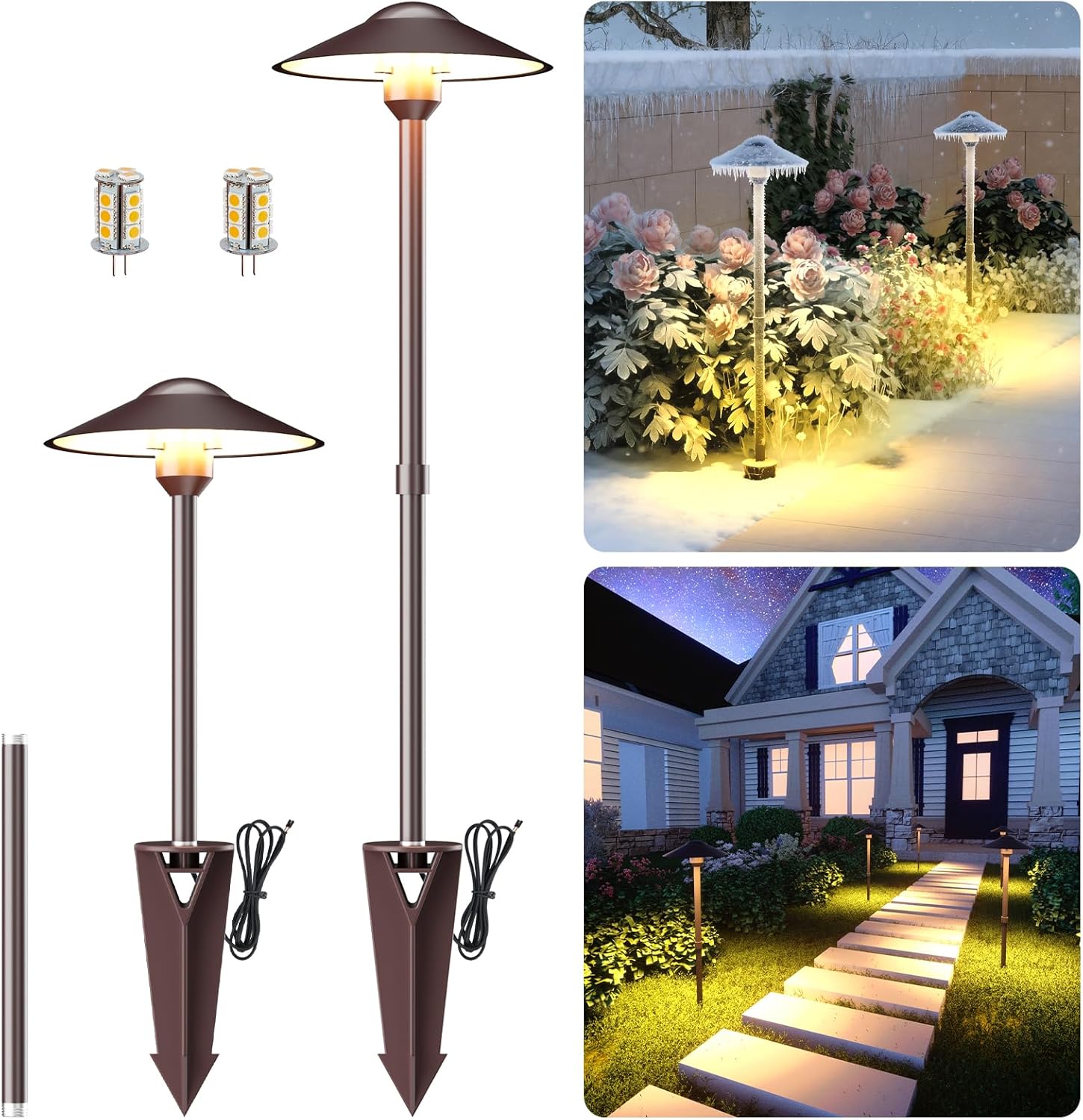 Low Voltage Landscape Path Lights, Aluminum Pathway Area Light, Replaceable 3W Warm White G4 LED Bulb, Extended Pole and Stake Included for Low Voltage Landscape Lighting, 2-Pack